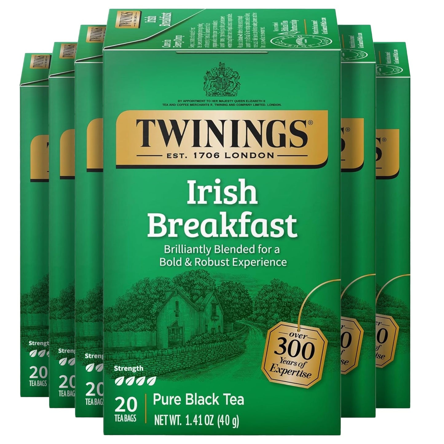 Twinings Irish Breakfast Black Tea Individually Wrapped Bags, 20 Count (Pack of 6), Flavourful, Robust Black Tea, Caffeinated, E