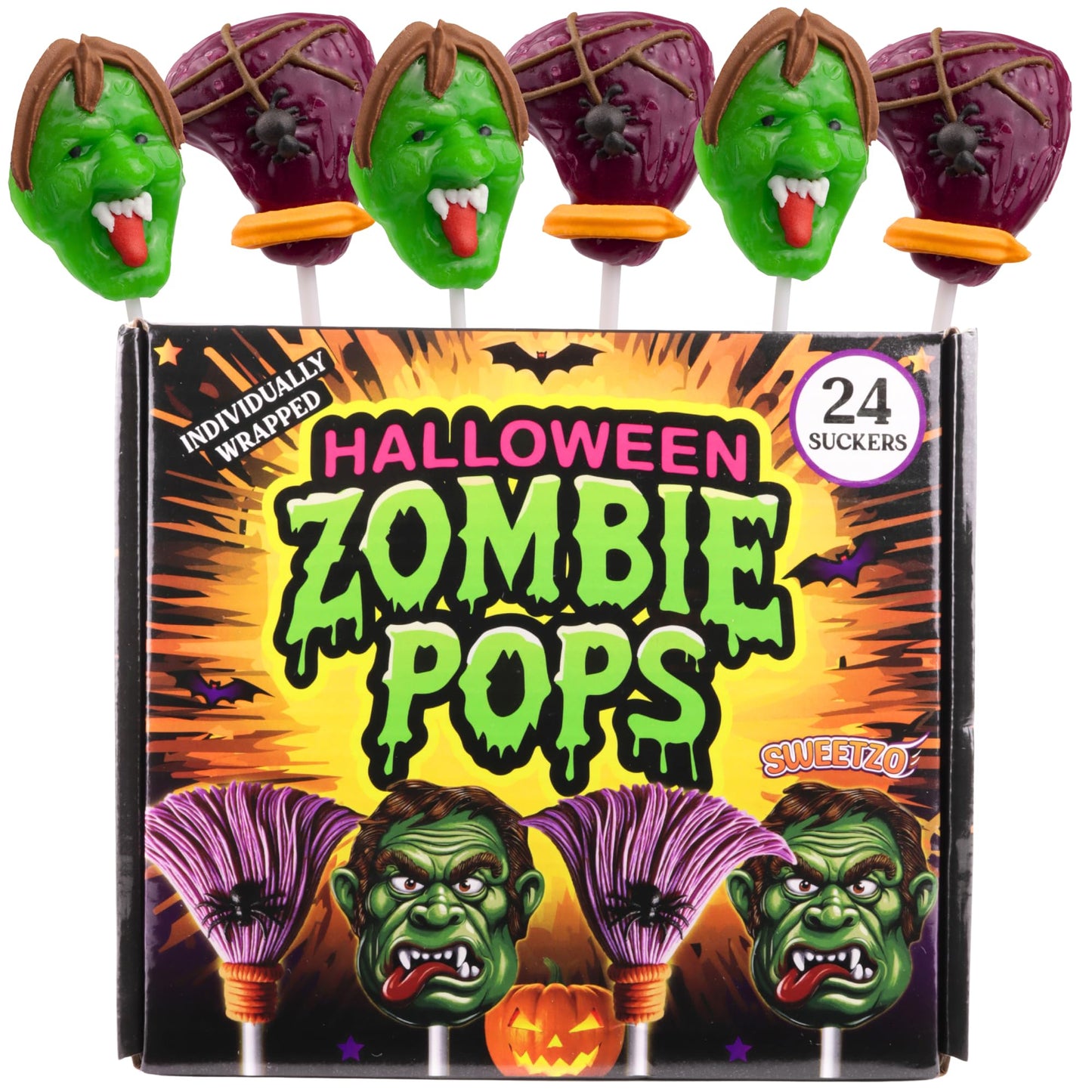 Sweetzo Zombie Lollipops - Halloween Candy Suckers, Individually Wrapped, 24 Count, Perfect for Trick or Treat Party Favors, 17.8 cm x 6 cm x
