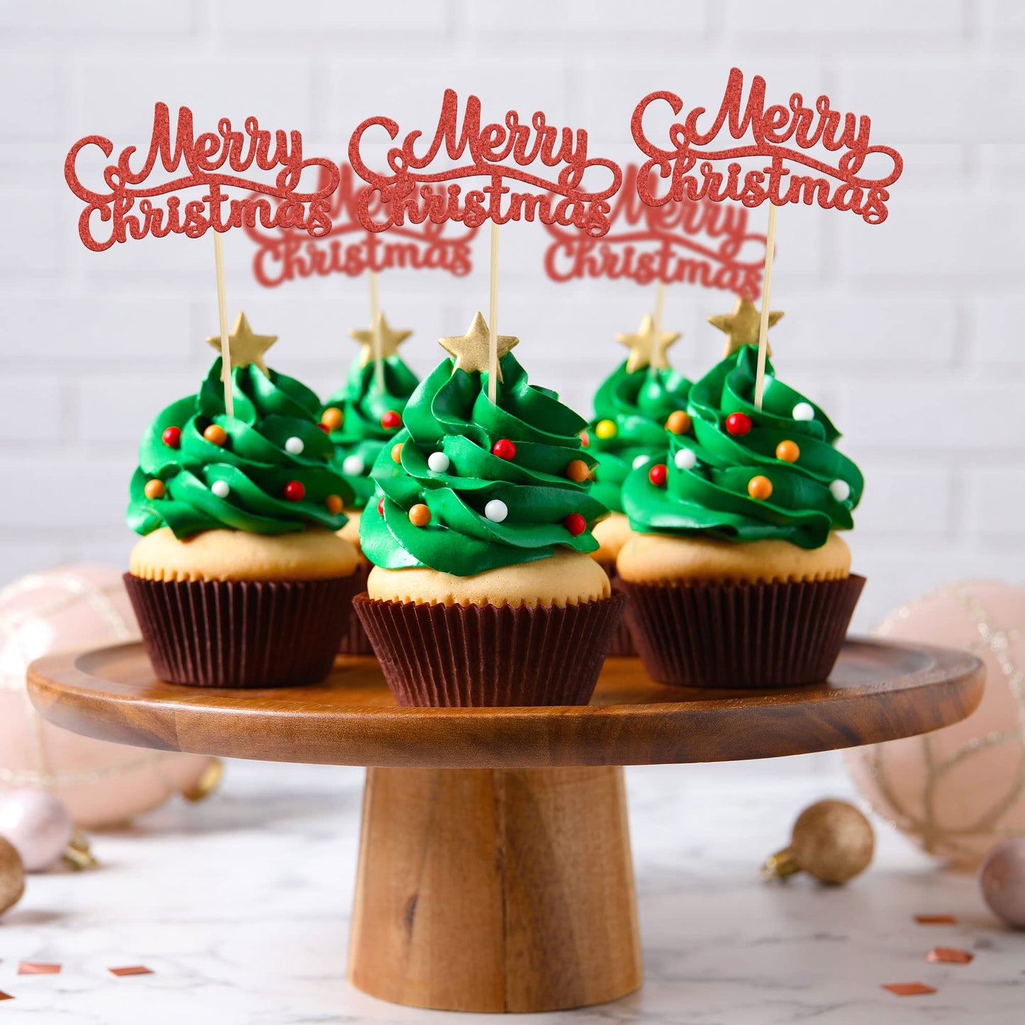 Gyufise 24 Pack Merry Christmas Cupcake Toppers Red Glitter Xmas Holiday Cake Picks Decorations For Christmas New Year Ceremony