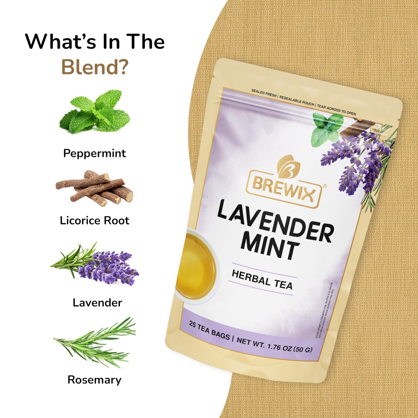 BREWIX Lavender Mint Herbal Tea, Caffeine Free, 25 Pyramid Bags