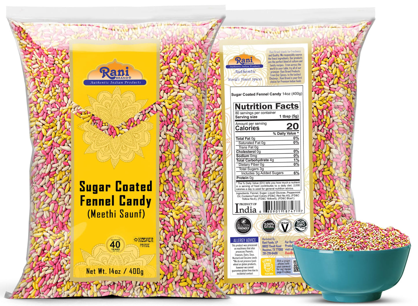 Rani Sugar Coated Fennel Candy 14Oz (400G) ~ Indian After Meal Digestive Treat | Vegan | Gluten Friendly | Non-Gmo | Kosher | Indian Origin