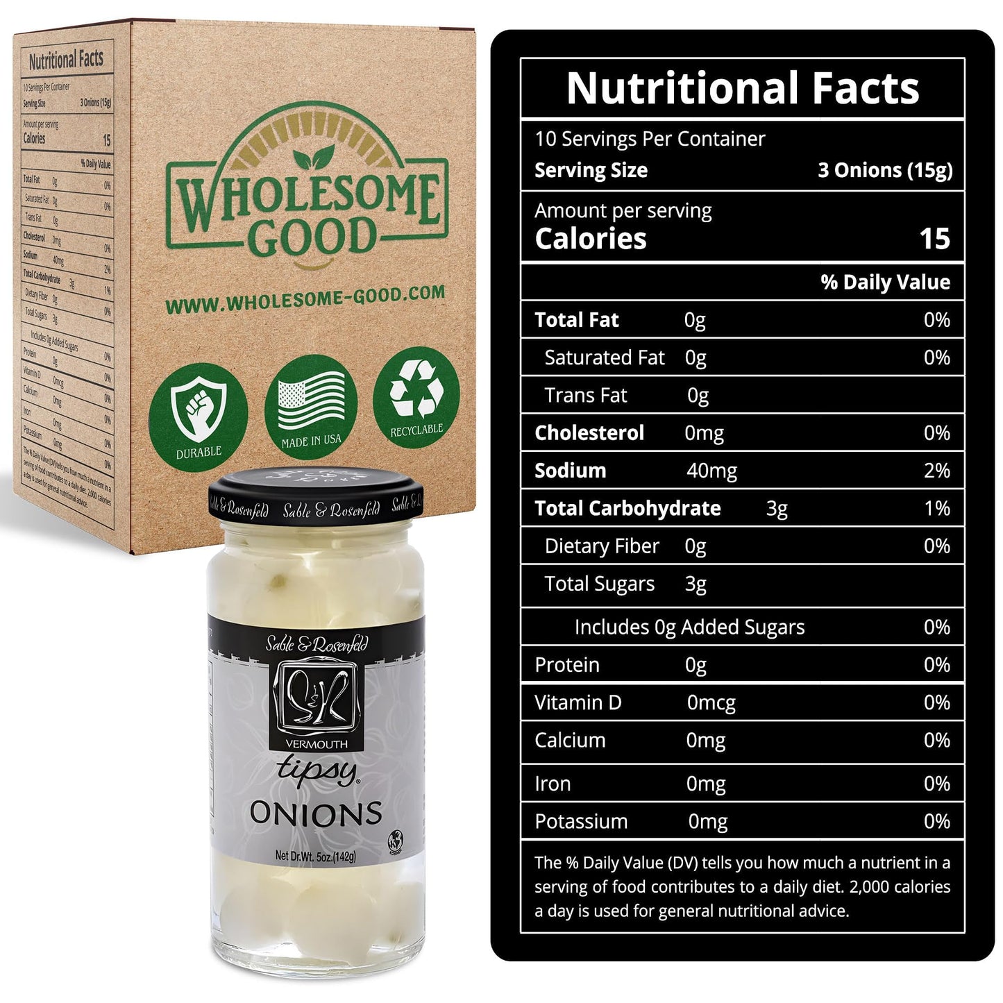 Sable & Rosenfeld Tipsy Cocktail Onions - Pickled Silverskin Onions, 5 oz Jar, Kosher Parve, Pack of 5