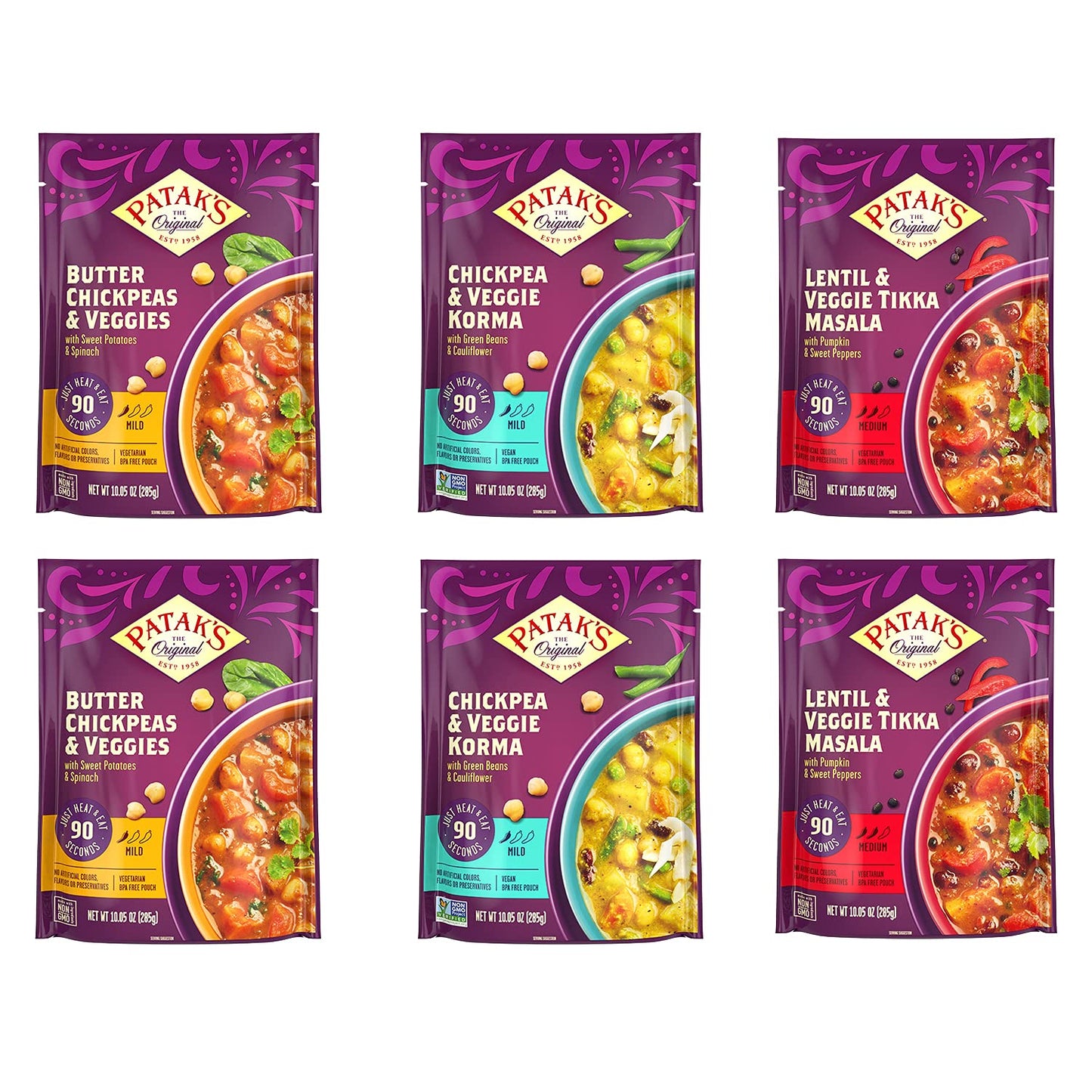 Patak's Ready to Eat Meals including Butter Chickpeas, Veggie Korma, Lentil & Tikka Masala, A Flavorful Balanced Melody of Veggi