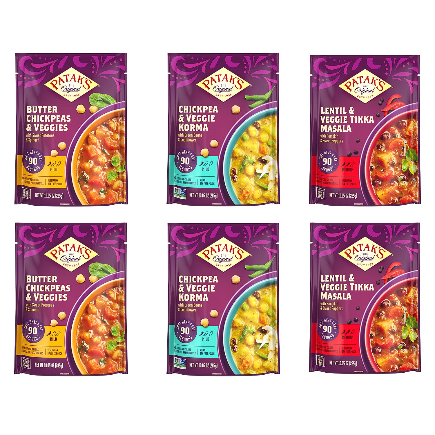 Patak's Ready to Eat Meals including Butter Chickpeas, Veggie Korma, Lentil & Tikka Masala, A Flavorful Balanced Melody of Veggi