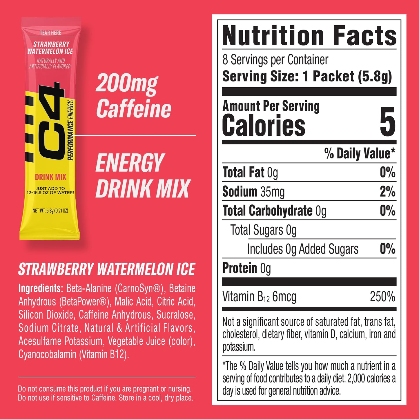 Juicy Mixes C4 Performance Energy Drink Mix, Strawberry Watermelon Ice, 200mg Caffeine, Zero Sugar, 2 Boxes, 16 Sticks