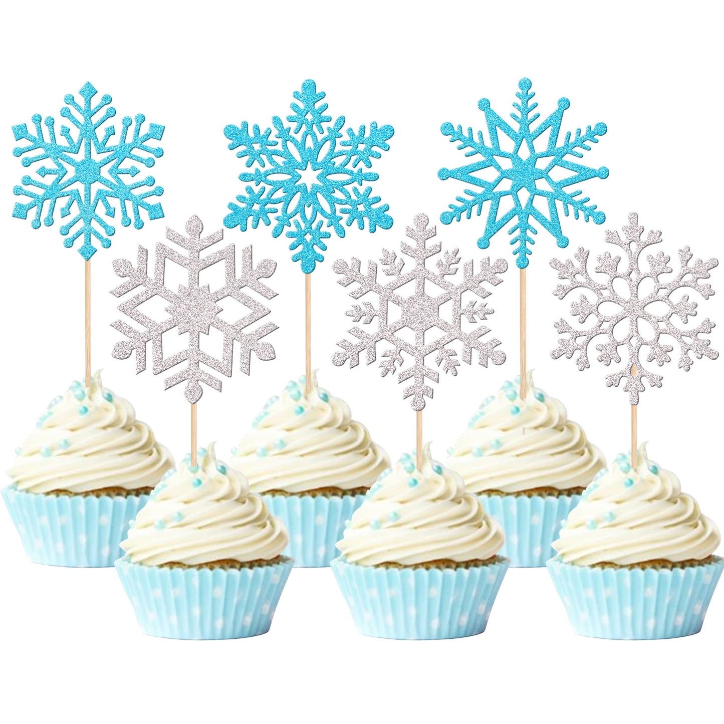 36 PCS Snowflake Cupcake Toppers Glitter Winter Frozen Theme Cupcake Picks for Winter Wonderland Snowflake Theme Baby Shower Kid