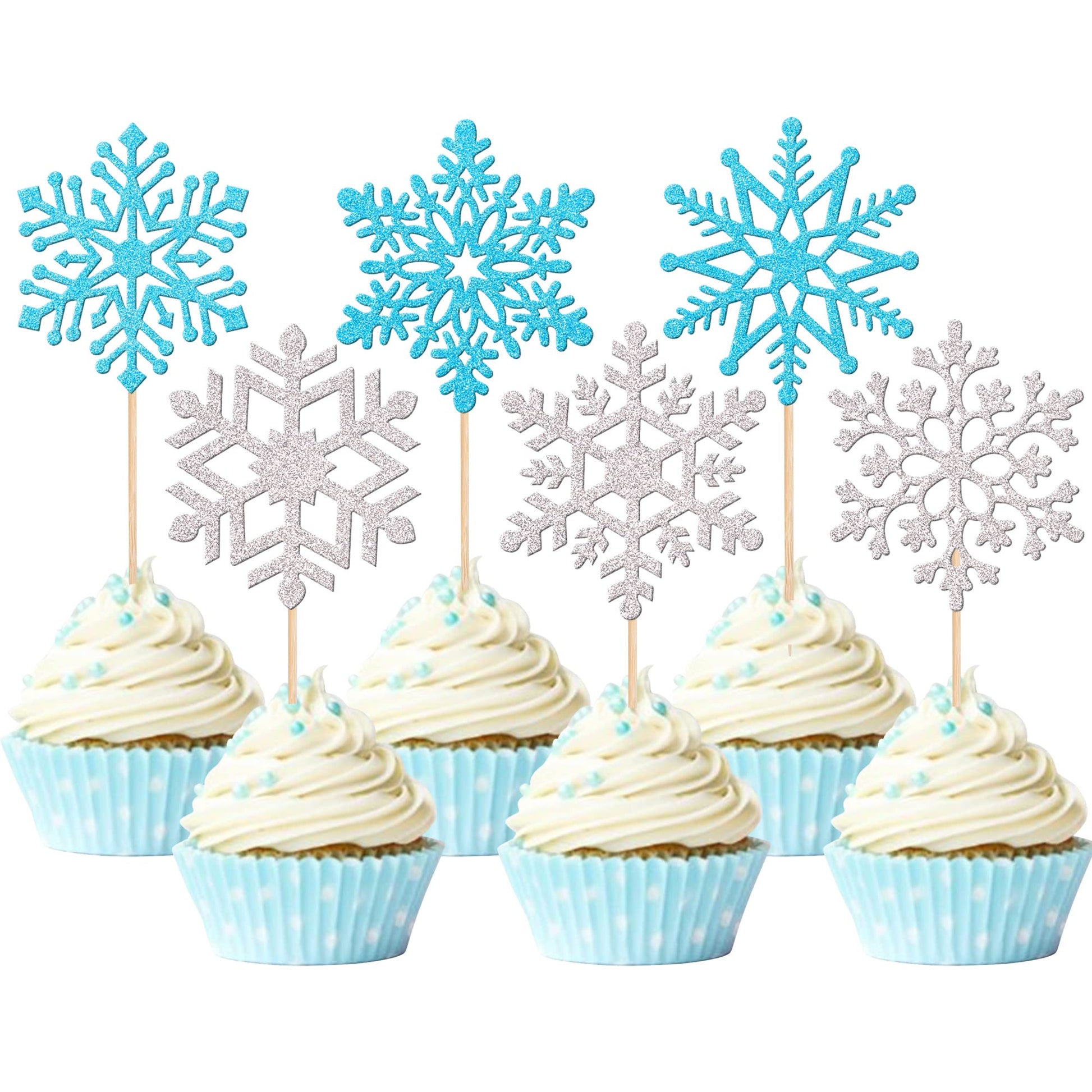 36 PCS Snowflake Cupcake Toppers Glitter Winter Frozen Theme Cupcake Picks for Winter Wonderland Snowflake Theme Baby Shower Kid