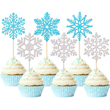 36 PCS Snowflake Cupcake Toppers Glitter Winter Frozen Theme Cupcake Picks for Winter Wonderland Snowflake Theme Baby Shower Kid