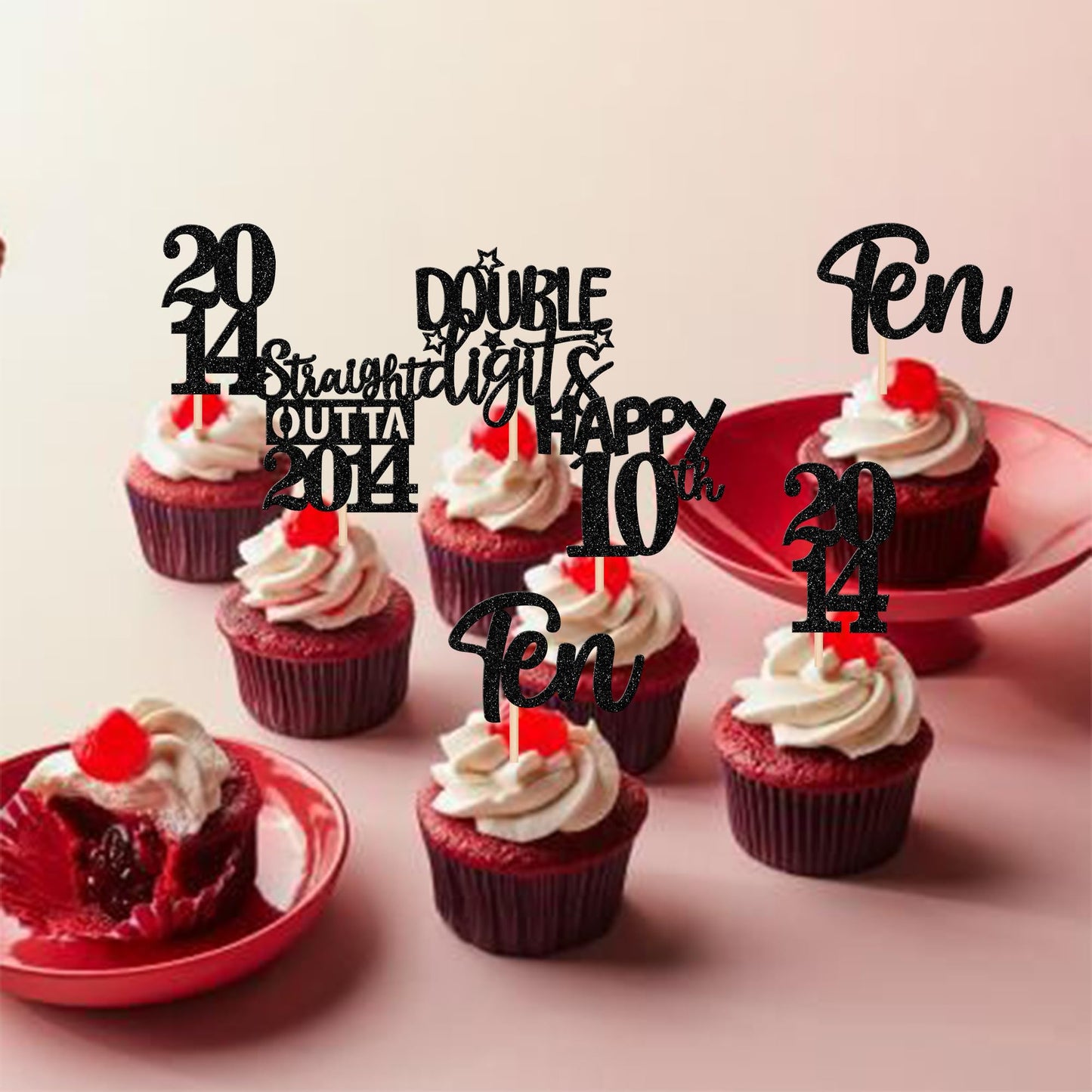 30Pcs Black 10Th Birthday Cupcake Toppers Glitter Ten Happy 10Th Straight Outta 2014 Cupcake Picks For Cheers To 10 Years 10Th B