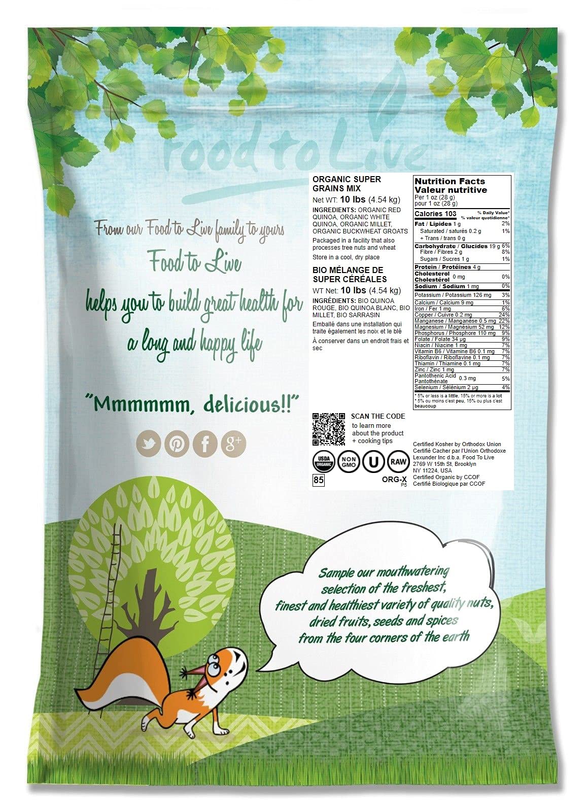 Food To Live Organic Super Grains Blend, 10 Pounds - A Mix Of Millet, Buckwheat, Red And White Quinoa. Non-Gmo, Non-Irradiated,