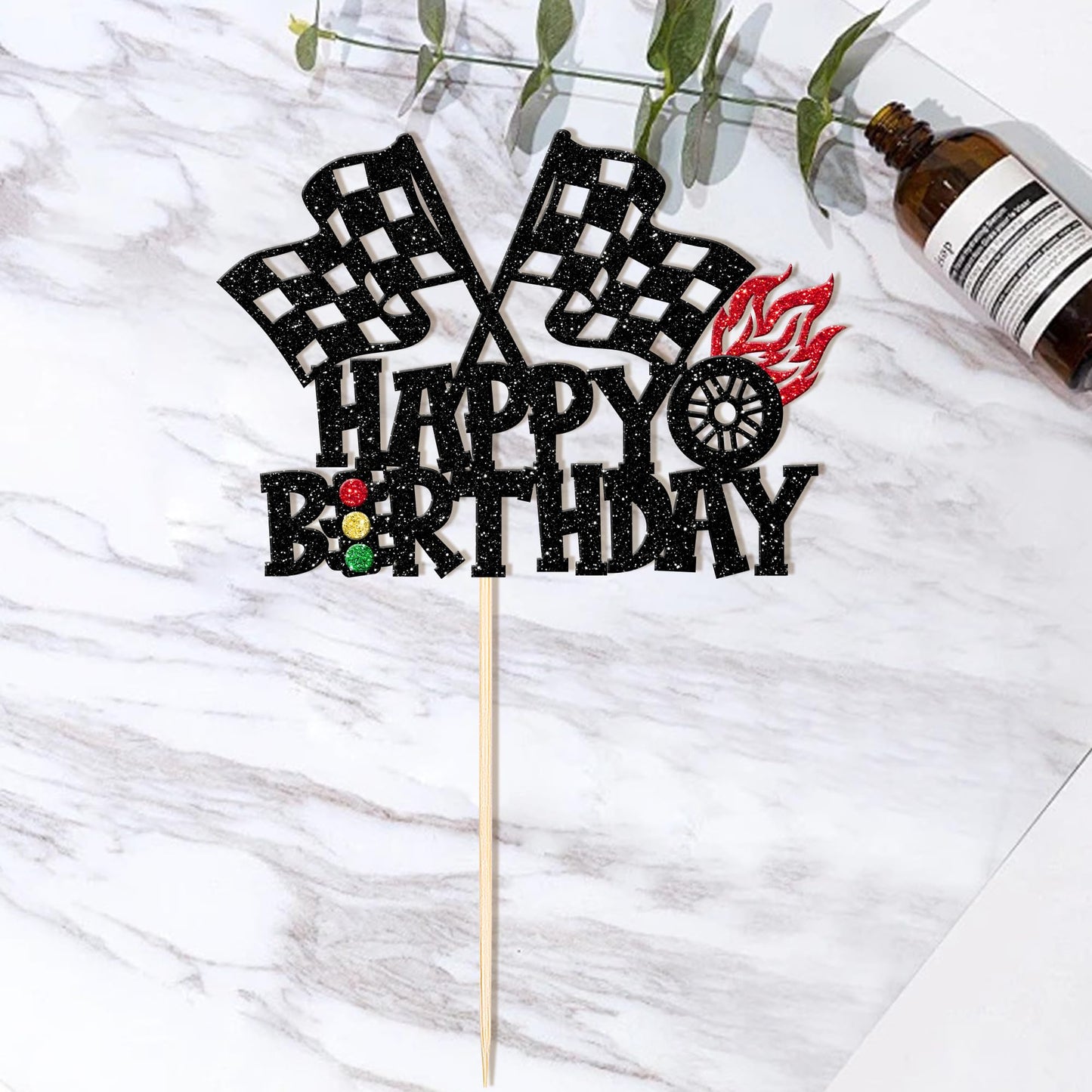 1 Pcs Race Car Happy Birthday Cake Topper Glitter Traffic Light Trophy Flag Wheel Racing Car Cake Pick For Let'S Go Racing Theme