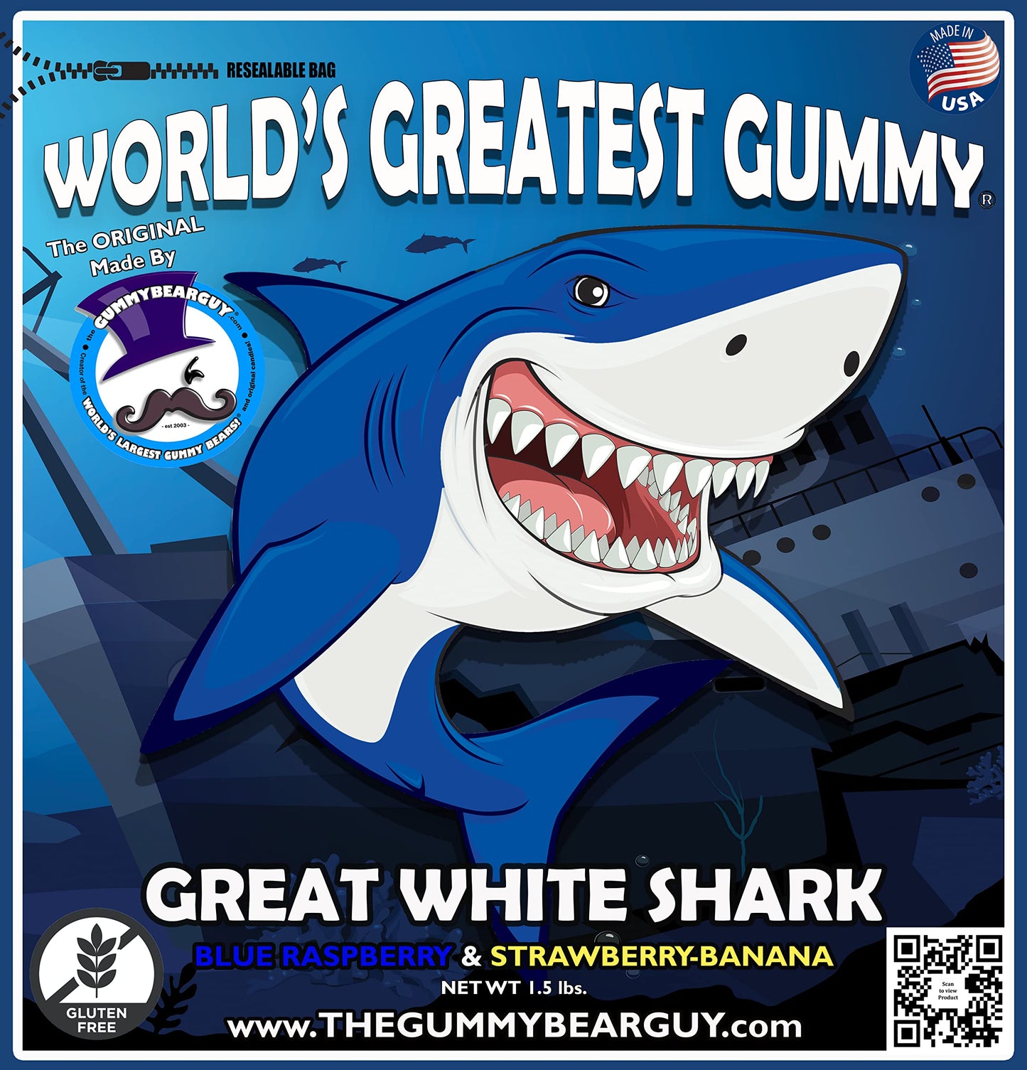 The Gummy Bear Guy Worlds Largest Gummy Shark - Blue Raspberry, Pineapple, Banana, Strawberry, 1 Count
