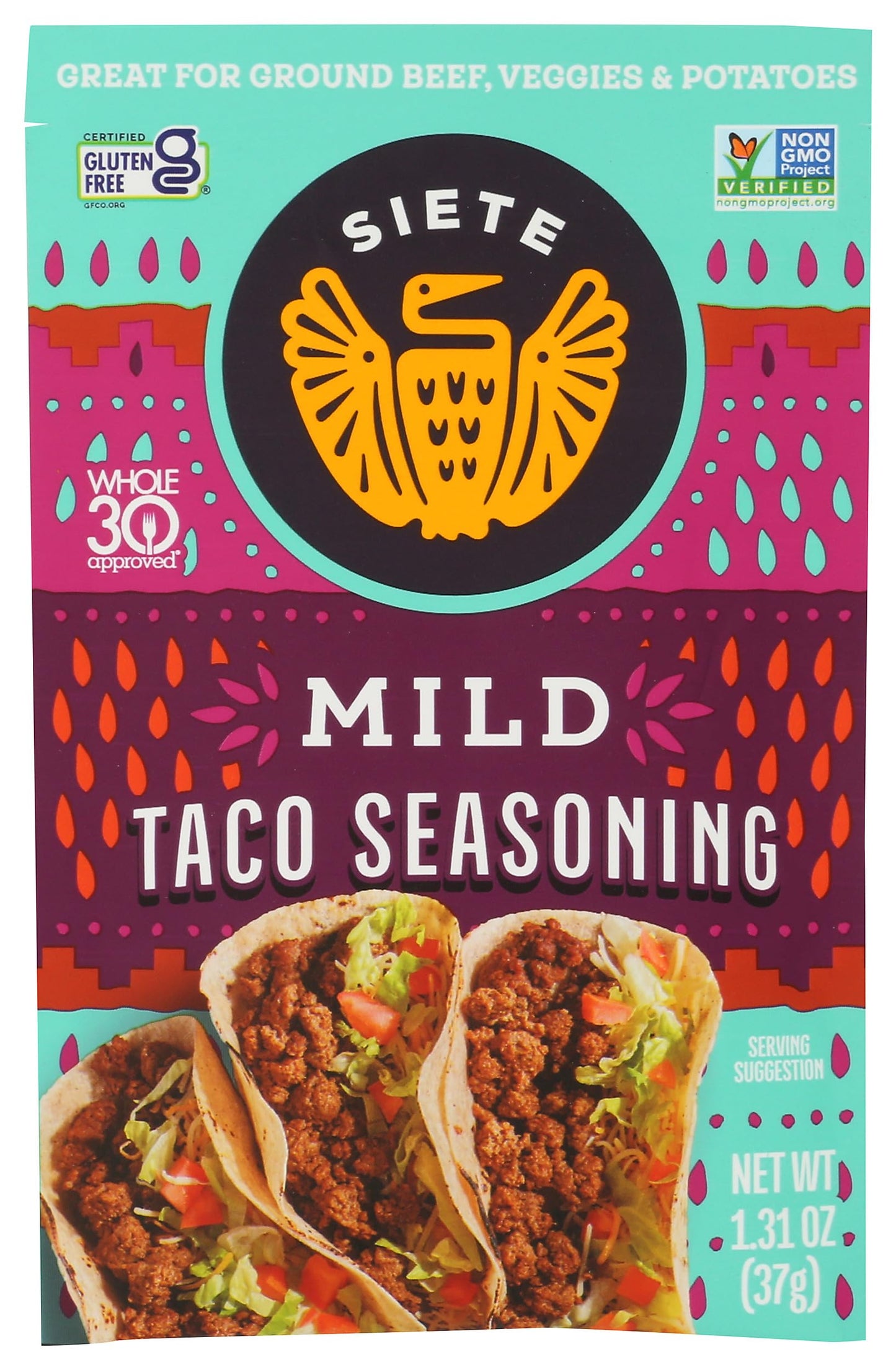 Siete Mild Taco Seasoning Mix | Gluten Free | Vegan | Paleo | Preservative Free | Whole 30 Approved (1 Packet)