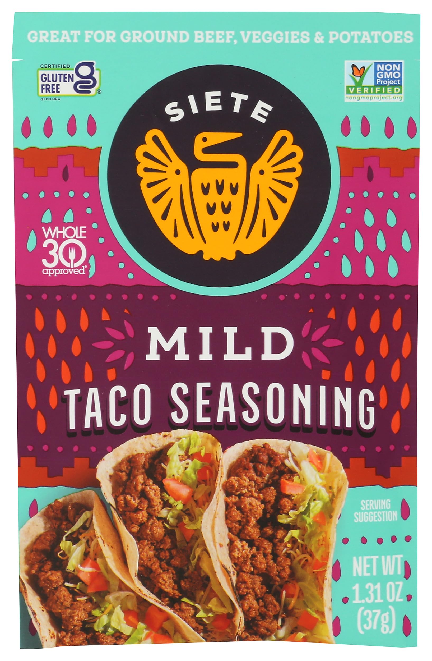 Siete Mild Taco Seasoning Mix | Gluten Free | Vegan | Paleo | Preservative Free | Whole 30 Approved (1 Packet)