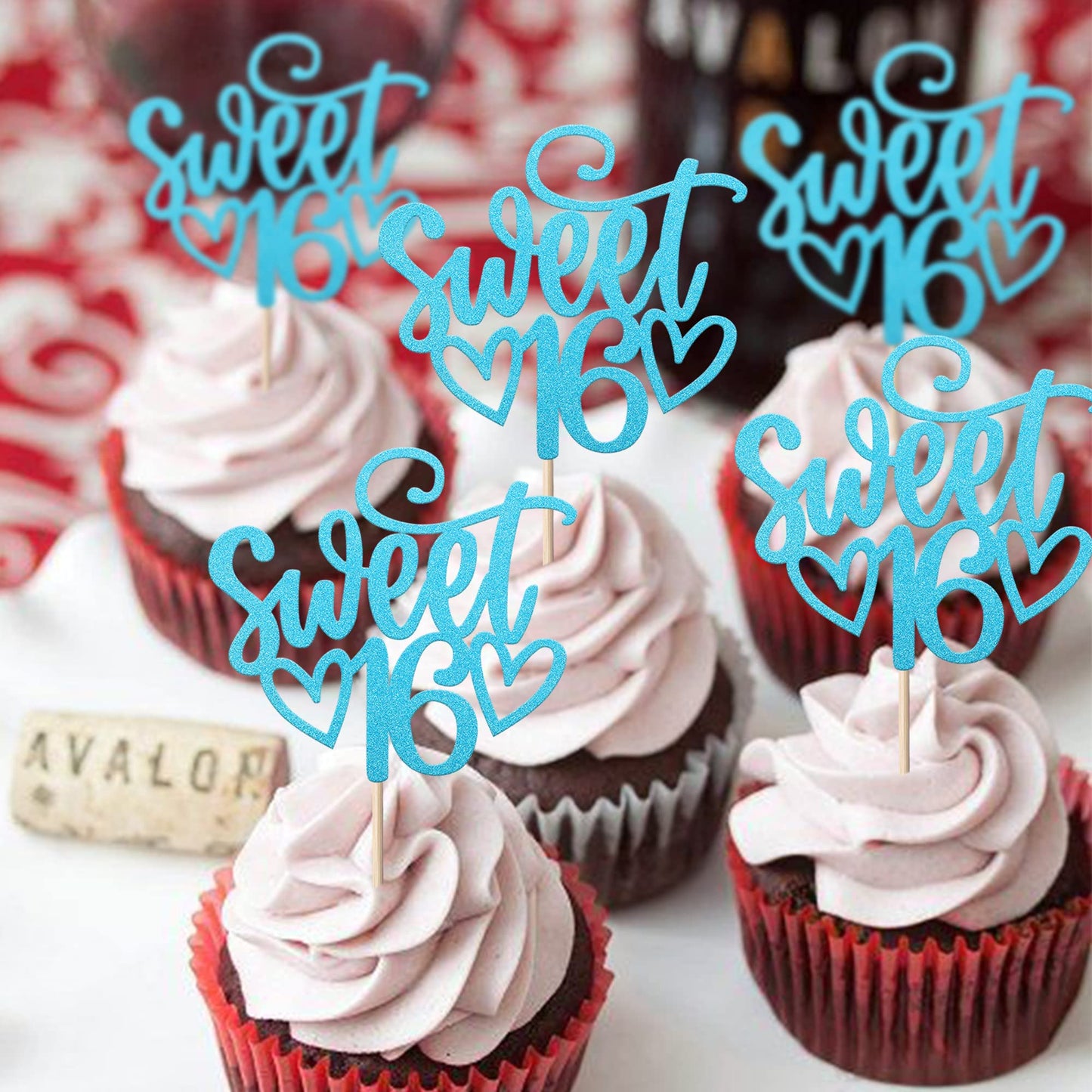 YCTHUNFISH 24 Pack Cupcake Toppers Glitter Sixteen Happy 16th Birthday Decorations Light Blue Bamboo