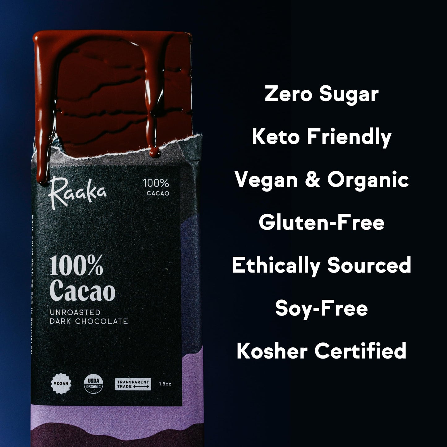 Raaka 100% Dark Chocolate Bars - Unsweetened  Bitter  Sugar Free  Pure Cacao - Organic  Vegan  Soy Free  Gluten Free  Kosher  Keto  Nut Free - 1.8oz 100% Chocolate Bars  3-Pack