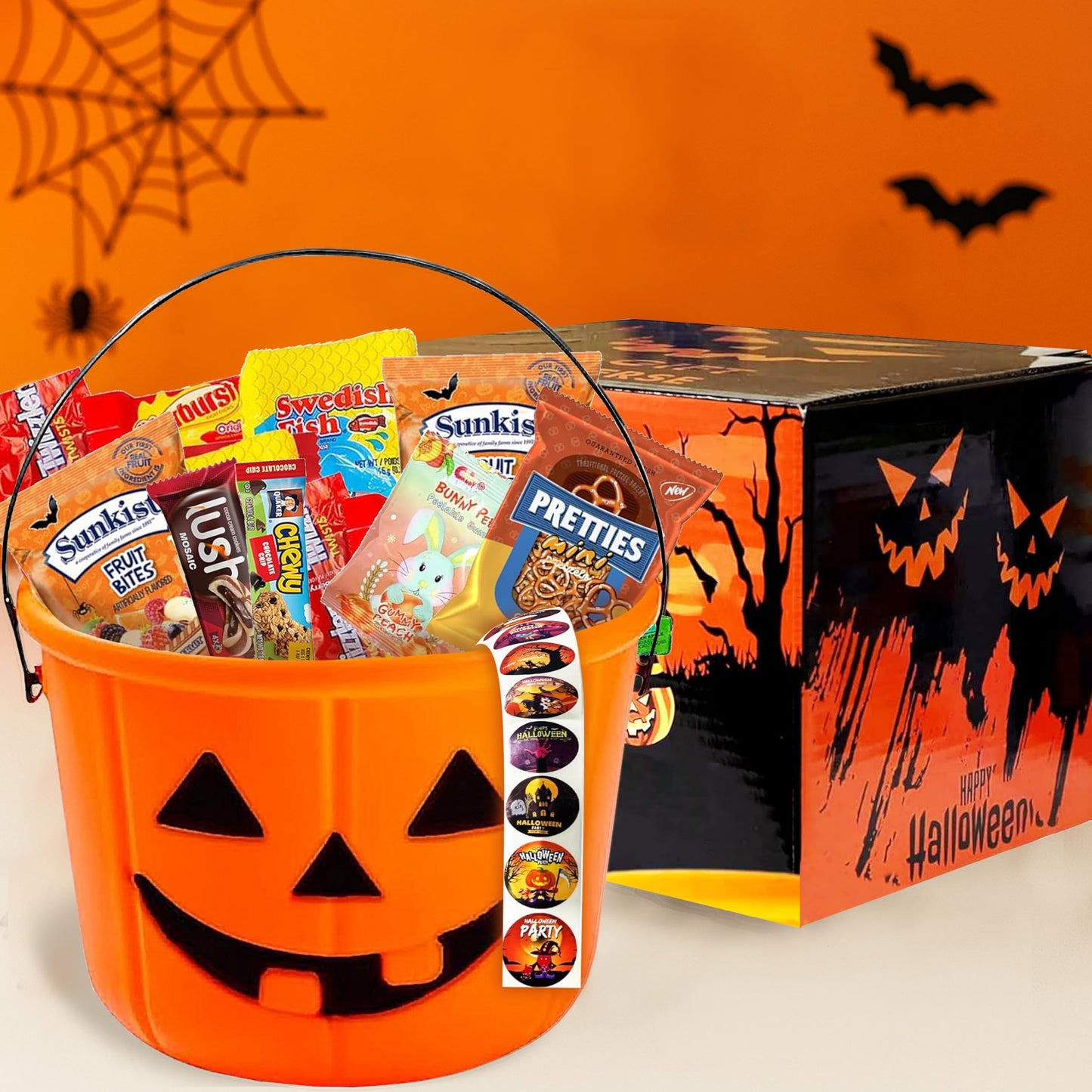 Halloween Assorted Pumpkin Bucket (44 Count) Filled with Candies  Snacks  Cookies and more   for Family  Friends  Kids  Boys and Girls