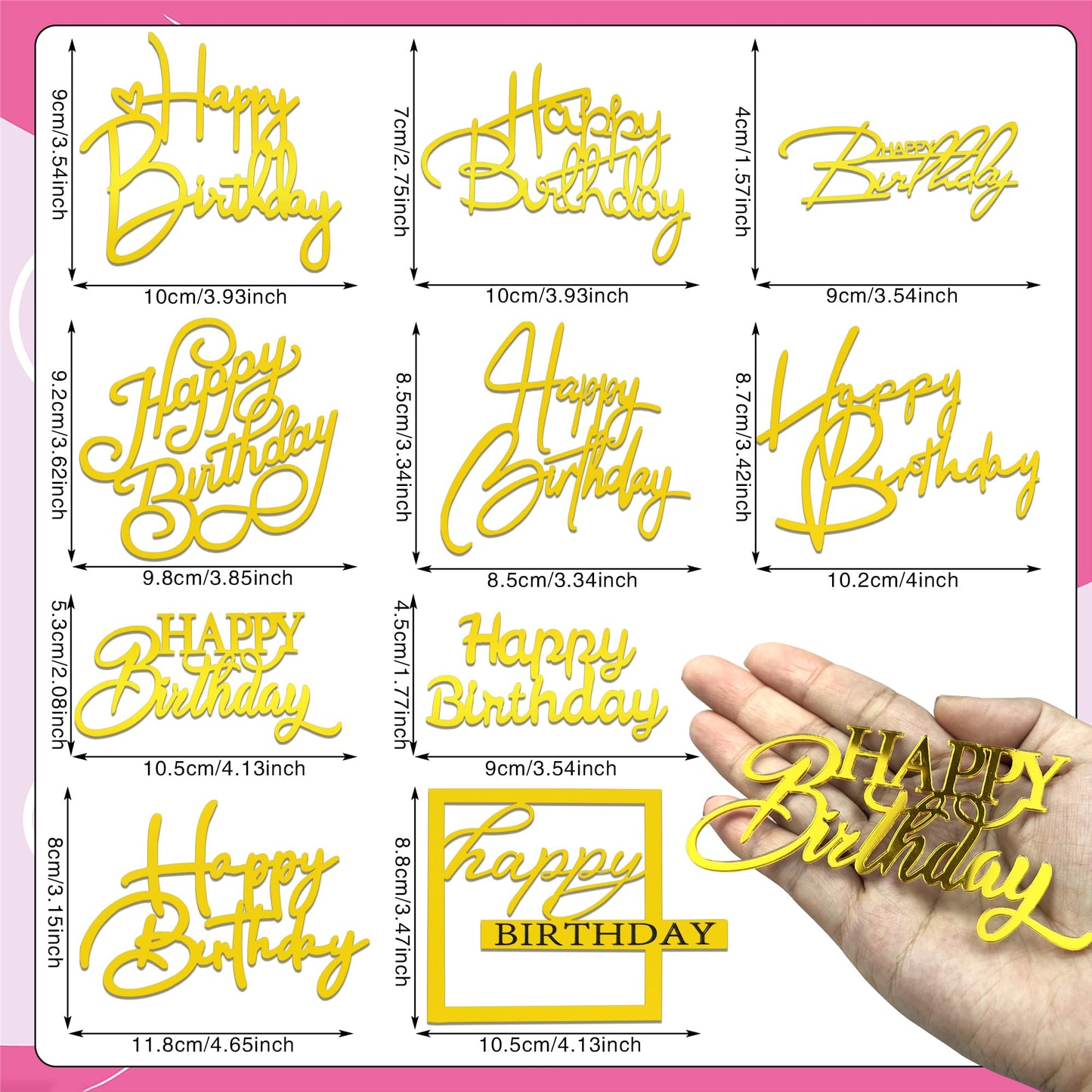 10 Pcs Gold Happy Birthday Cake Toppers Mirror Acrylic Cake Topper Side Cake Decorations Gold Cake Inserts Cake Decorating Suppl
