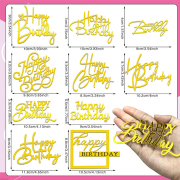 10 Pcs Gold Happy Birthday Cake Toppers Mirror Acrylic Cake Topper Side Cake Decorations Gold Cake Inserts Cake Decorating Suppl