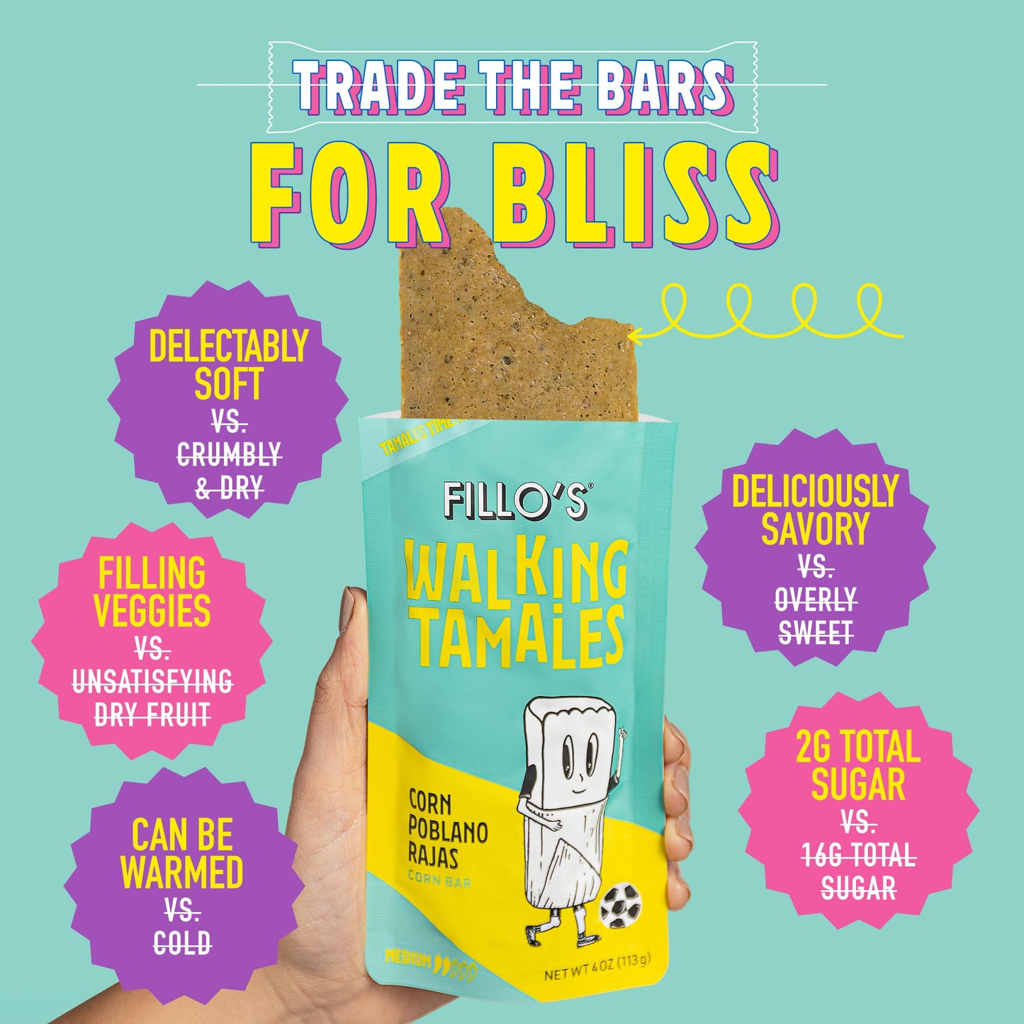 Fillo'S Walking Tamales, Corn Poblano Rajas, Pk Of 7, Ready-To-Eat, Delicious, Gluten-Free, Preservative-Free, Vegan Friendly, M