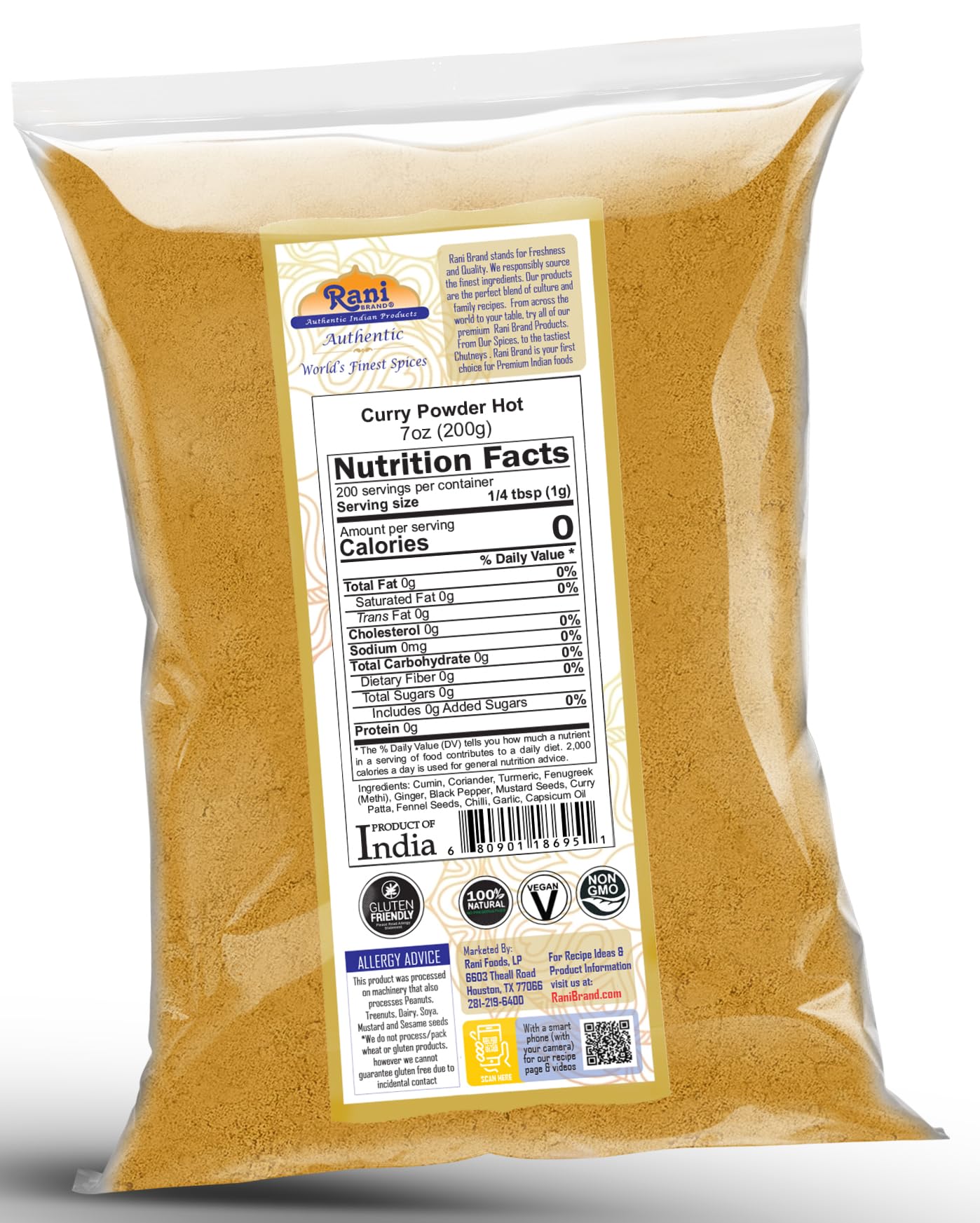 Rani Curry Powder Hot (11-Spice Authentic Indian Blend) 7oz (200g) ~ All Natural | Salt-Free | Vegan | No Colors | Gluten Friend