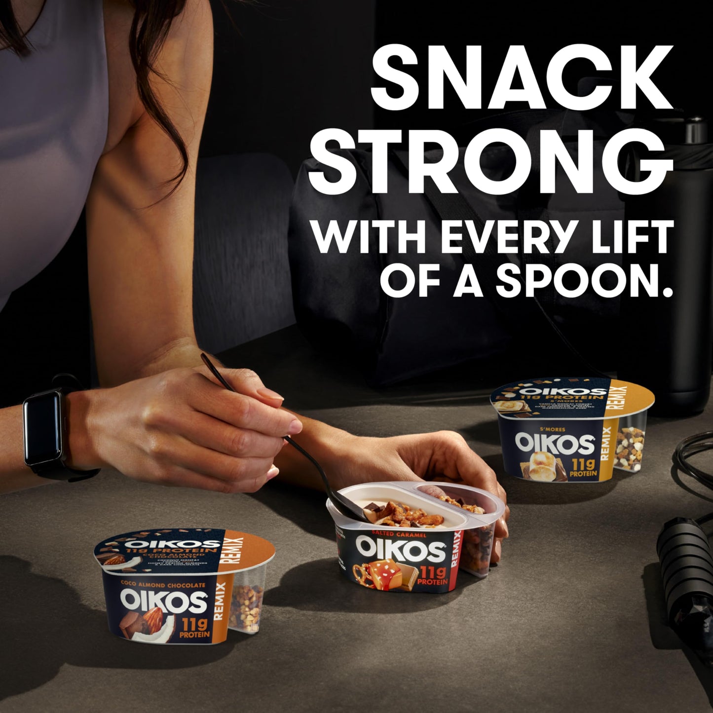 Oikos REMIX Smores Vanilla Nonfat Greek Yogurt with Graham Cookies, Dark Chocolate and Toasted Marshmallow Bark Mix-Ins, Delicio