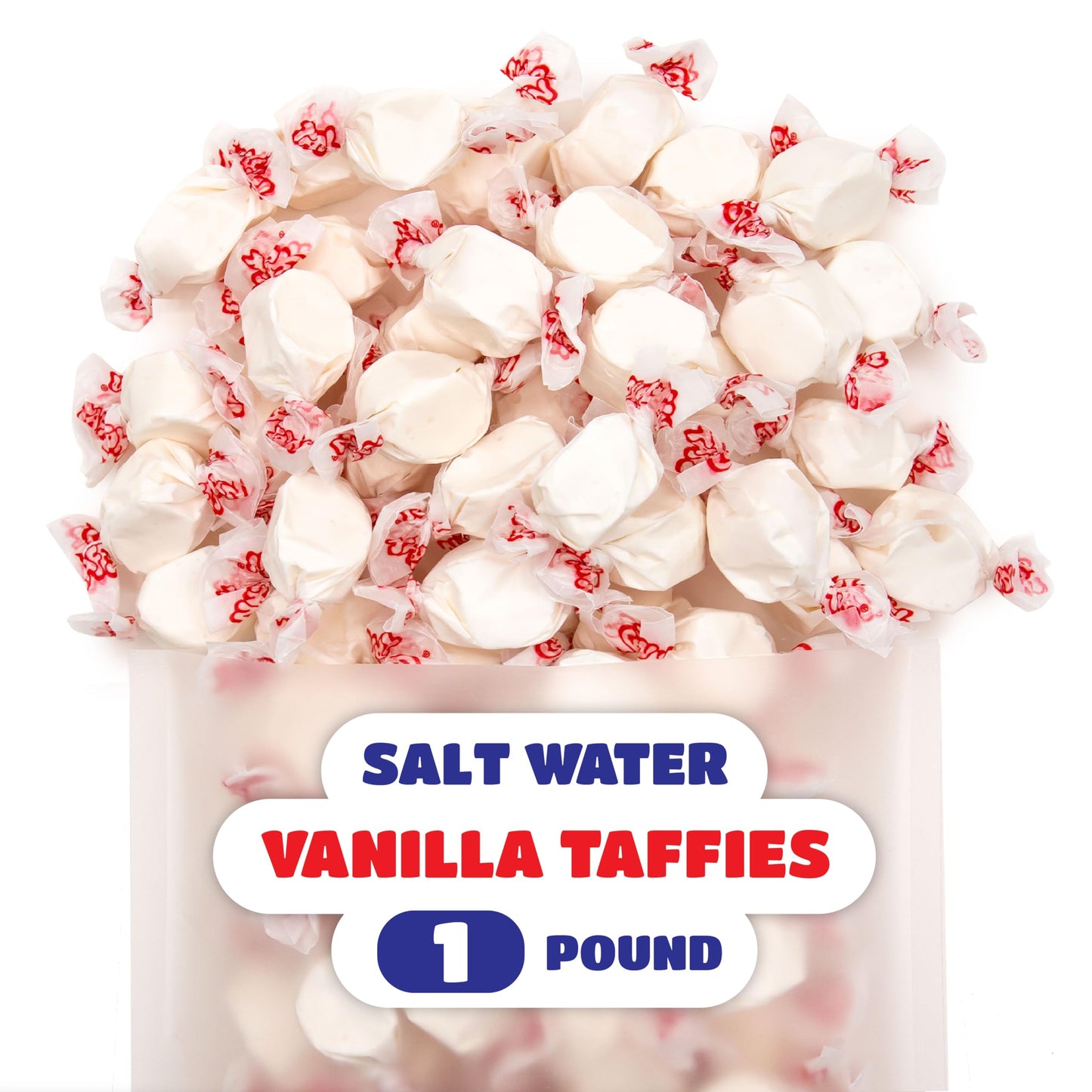 Salt Water Taffy Candy - 1 Pound Bag - Chewy Vanilla Candy - Old Fashioned Vanilla Taffy Individually Wrapped - Soft and Creamy Treat for Buffets  Party Favors  Office Bowls
