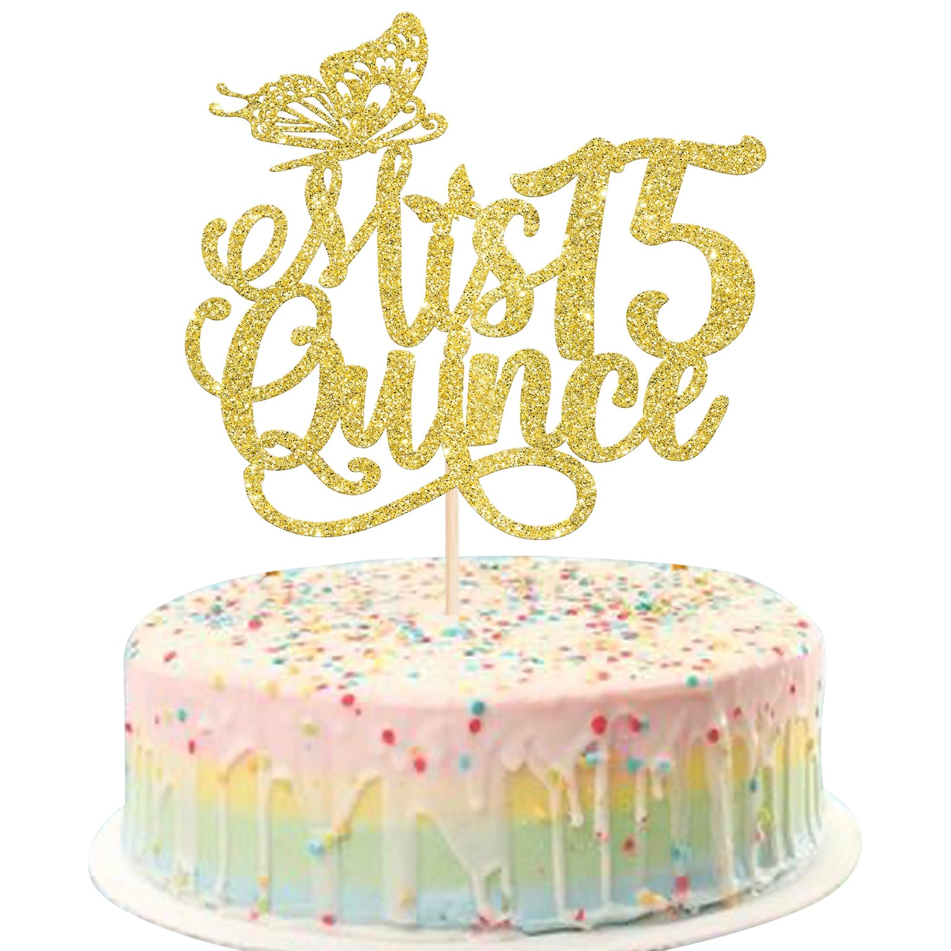 Rsstarxi Cake Topper, Mis Quince 15, Glitter Design 3 Gold, Cardstock, Happy 15th Birthday Party Decorations