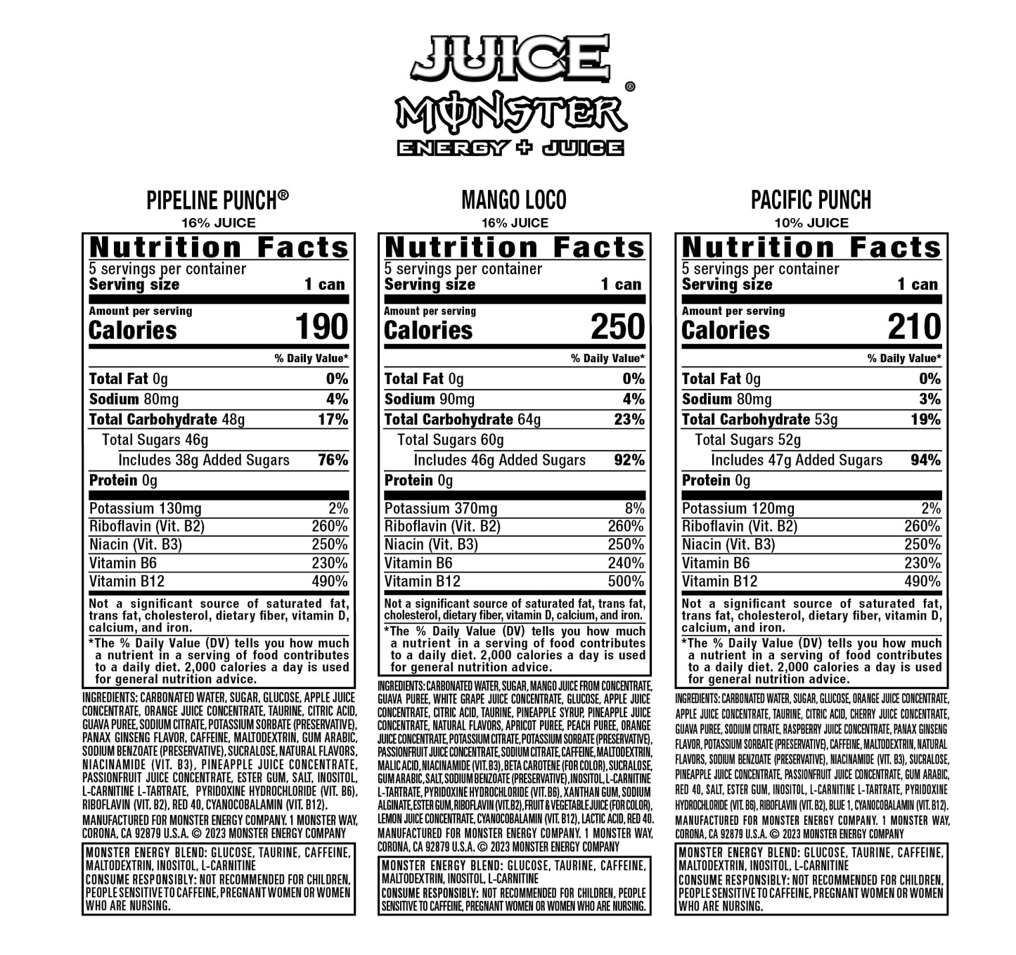 Monster Energy Juice Monster Variety Pack, Pipeline Punch, Mango Loco, Pacific Punch, Energy+Juice, Energy Drink, 16 Ounce (Pack Of 15)