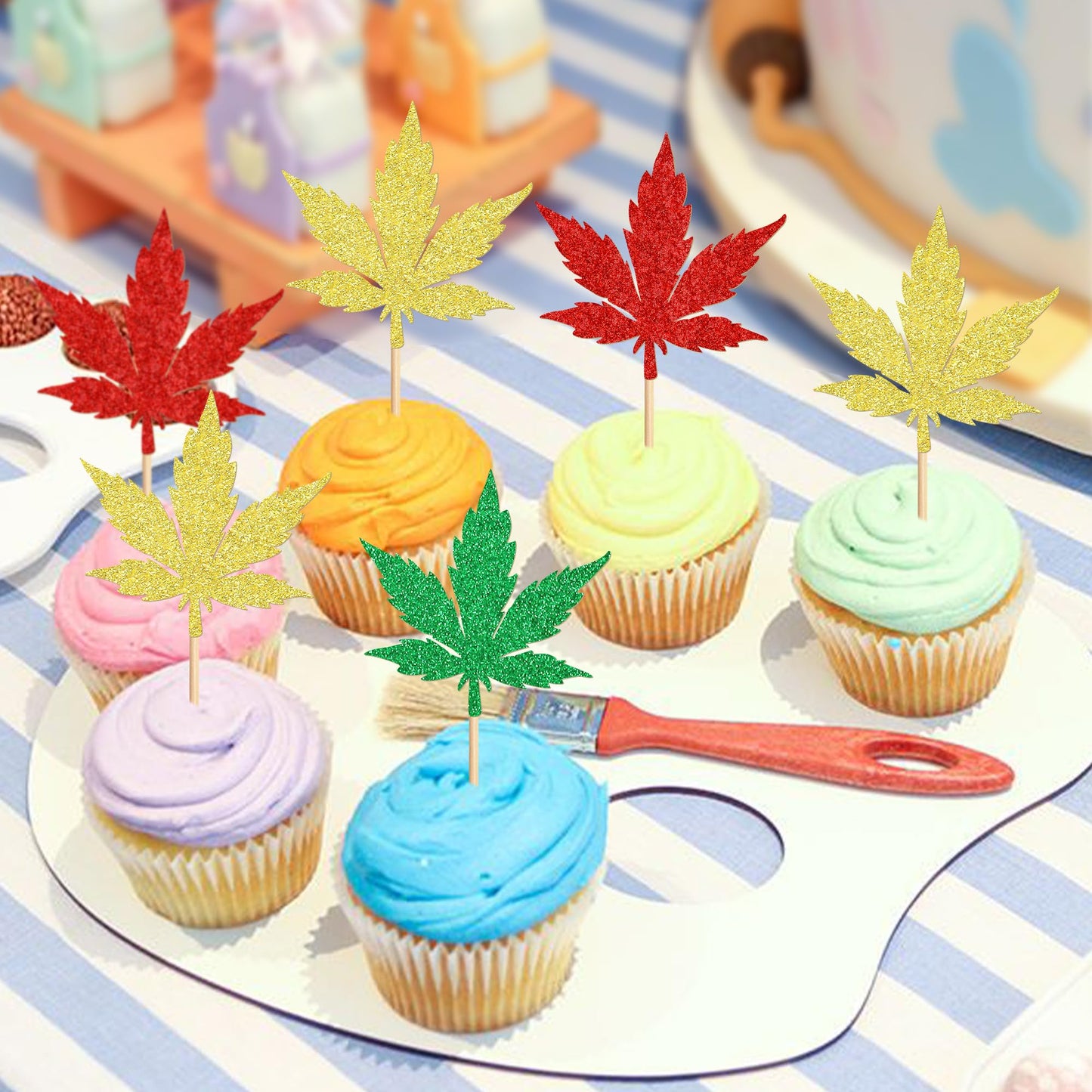 Ercadio 24 Pcs Cupcake Toppers - Green Red Glitter Birthday Party Decorations