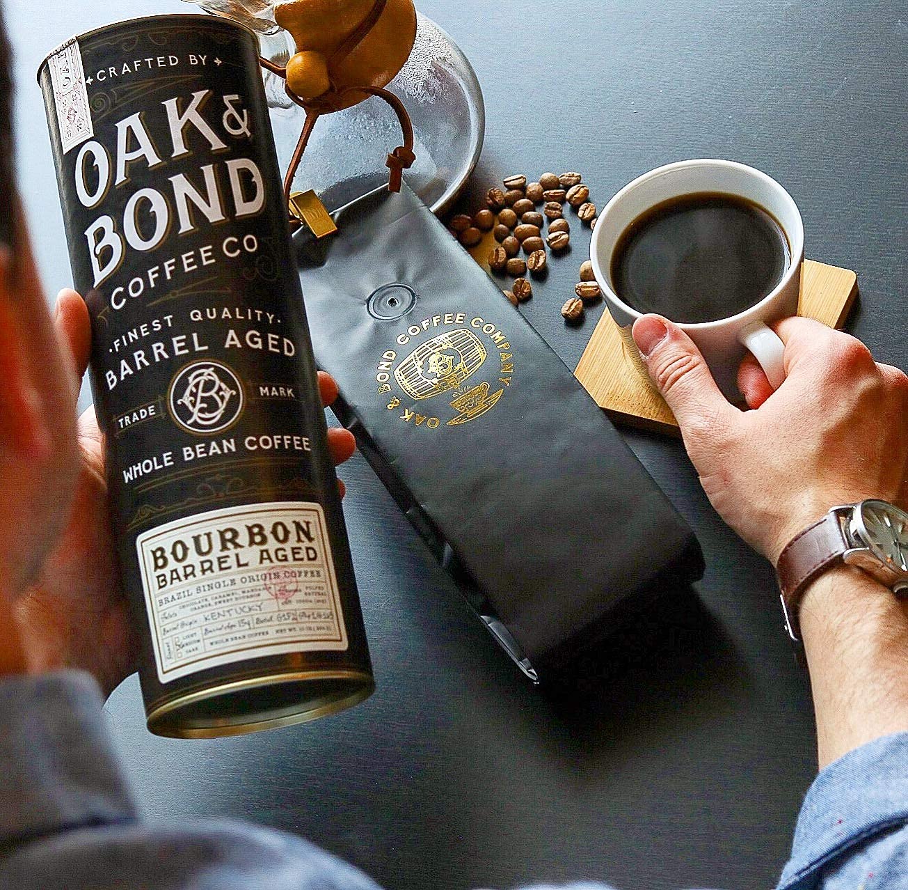 OAK & BOND spirit-inspired flavor Barrel Aged Coffee, Brazil Single Origin, Medium Roast, 10oz, Black