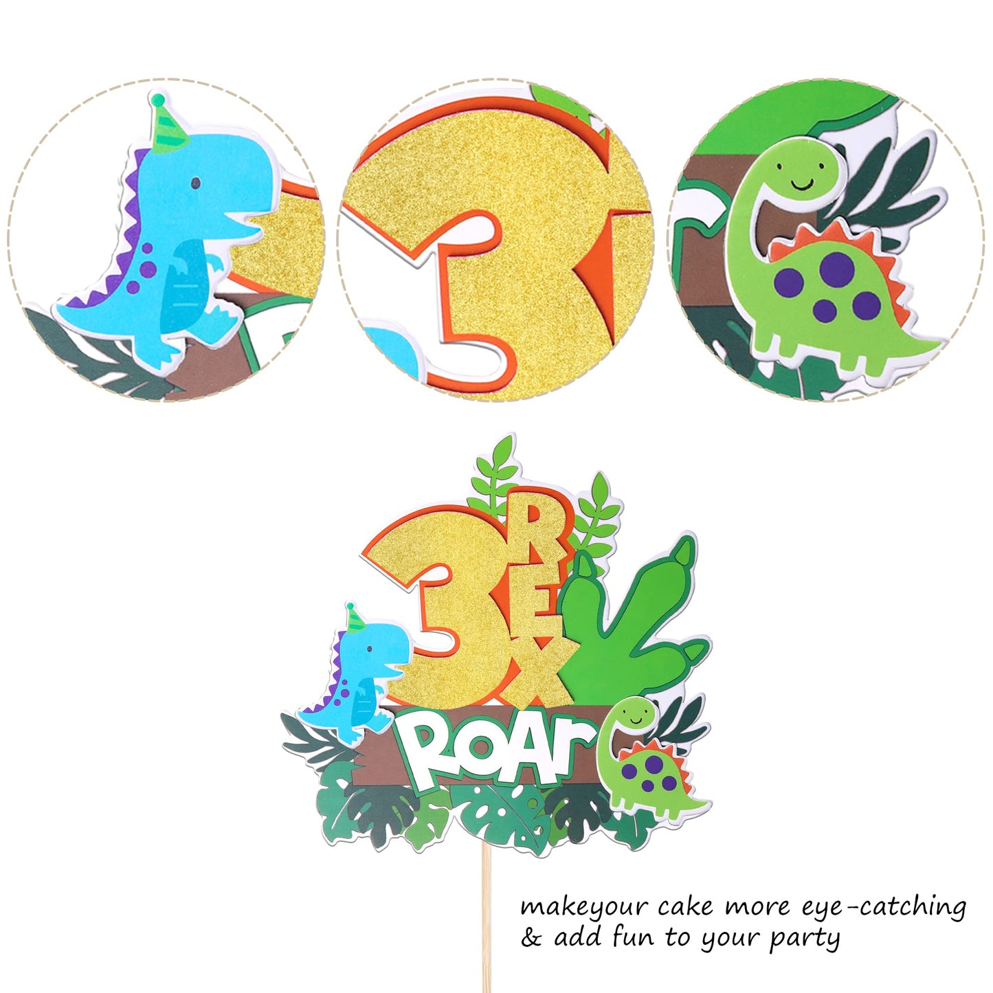 Rsstarxi 1 Pack Dinosaur 3Rd Birthday Cake Topper With Claw Leaves Third Birthday Roar Number 3 Three Rex Cake Pick For Dino Theme Baby Shower Kids Boys 3Rd Birthday Party Cake Decorations Supplies