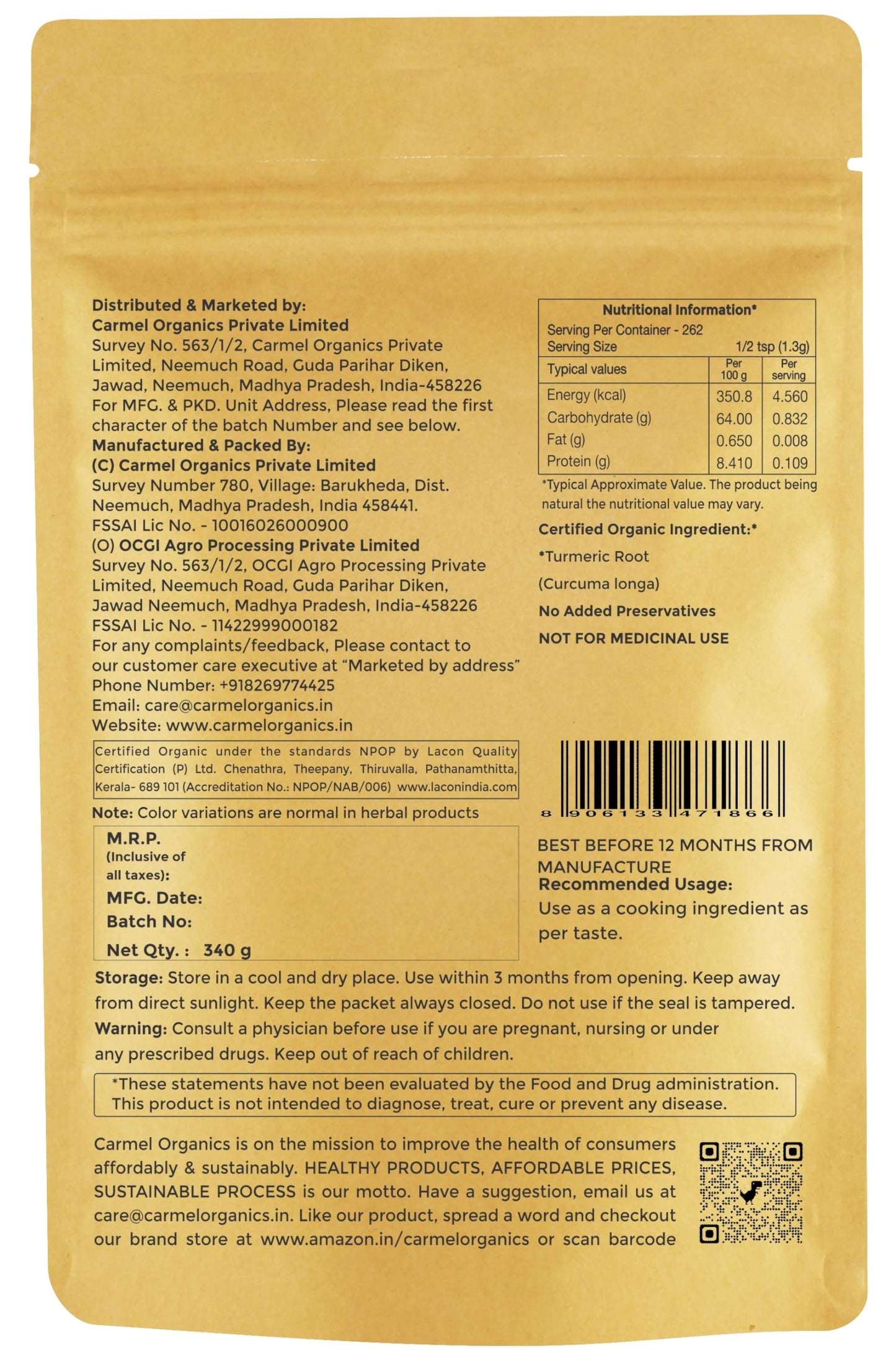 Carmel Organics Turmeric Root Powder(340 G (Pack Of 1))| Haldi Powder | Jaivik Bharat Certified | Non-Gmo | Chemical Free & Pest