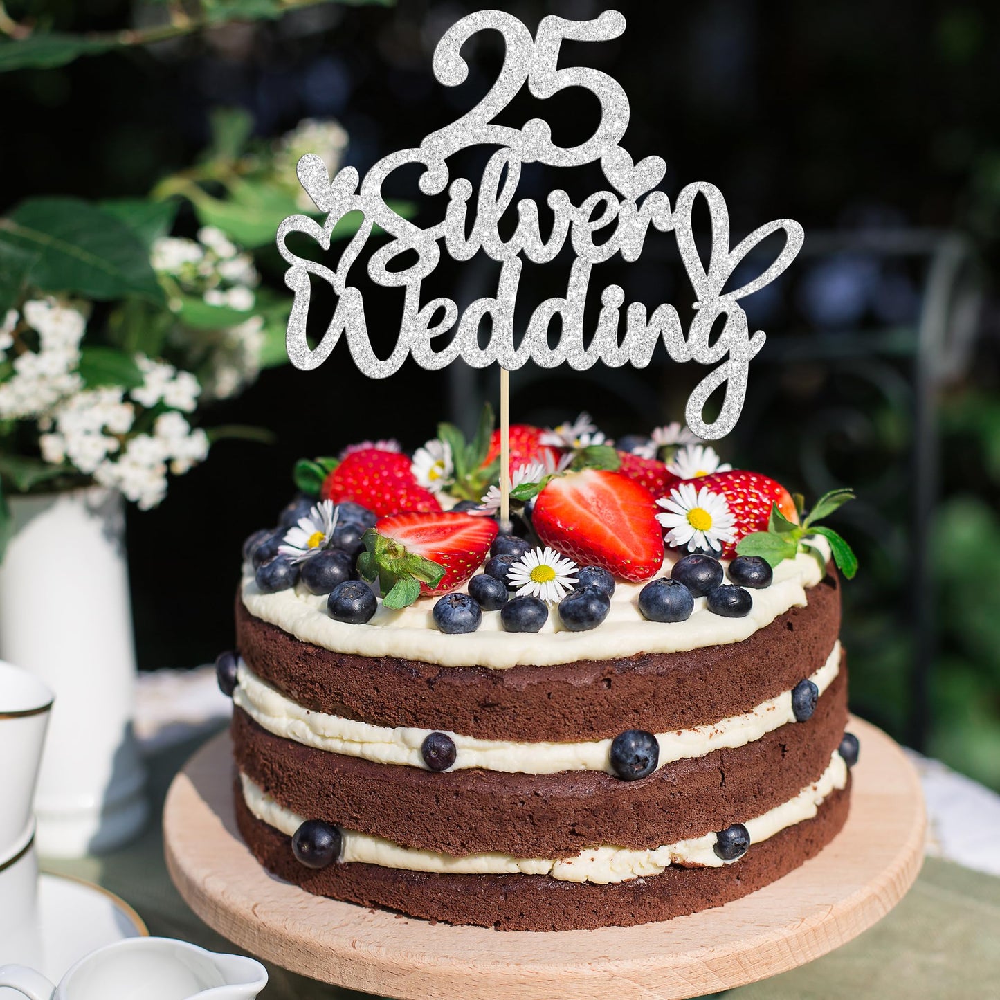 Gyufise 1Pcs 25Th Wedding Anniversary Cake Toppers Silver Glitter 25Th Wedding Anniversary Heart Cake Decoration For Celebration
