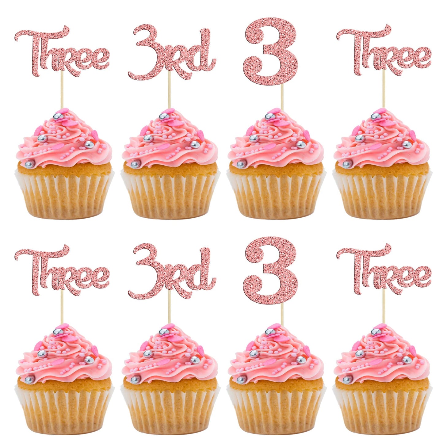 24 Pack Three Cupcake Toppers Glitter 3rd Birthday Cupcake Picks for Baby Shower Third Birthday Party Cake Decorations Supplies