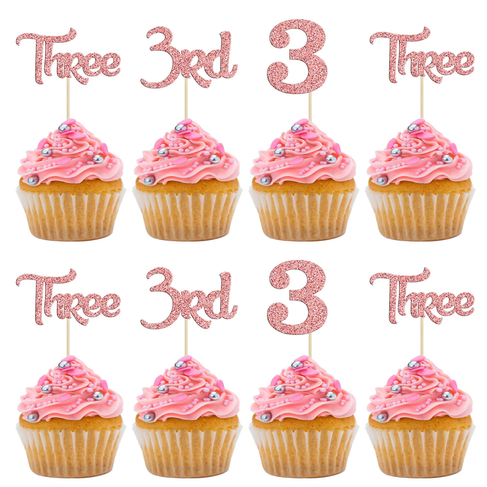 24 Pack Three Cupcake Toppers Glitter 3rd Birthday Cupcake Picks for Baby Shower Third Birthday Party Cake Decorations Supplies