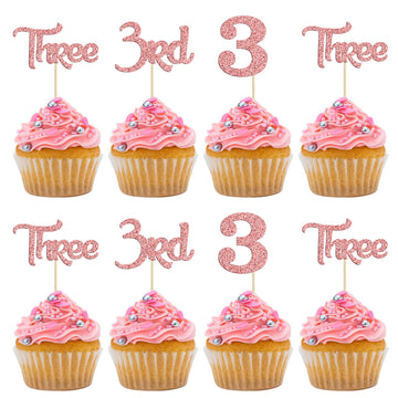 24 Pack Three Cupcake Toppers Glitter 3rd Birthday Cupcake Picks for Baby Shower Third Birthday Party Cake Decorations Supplies