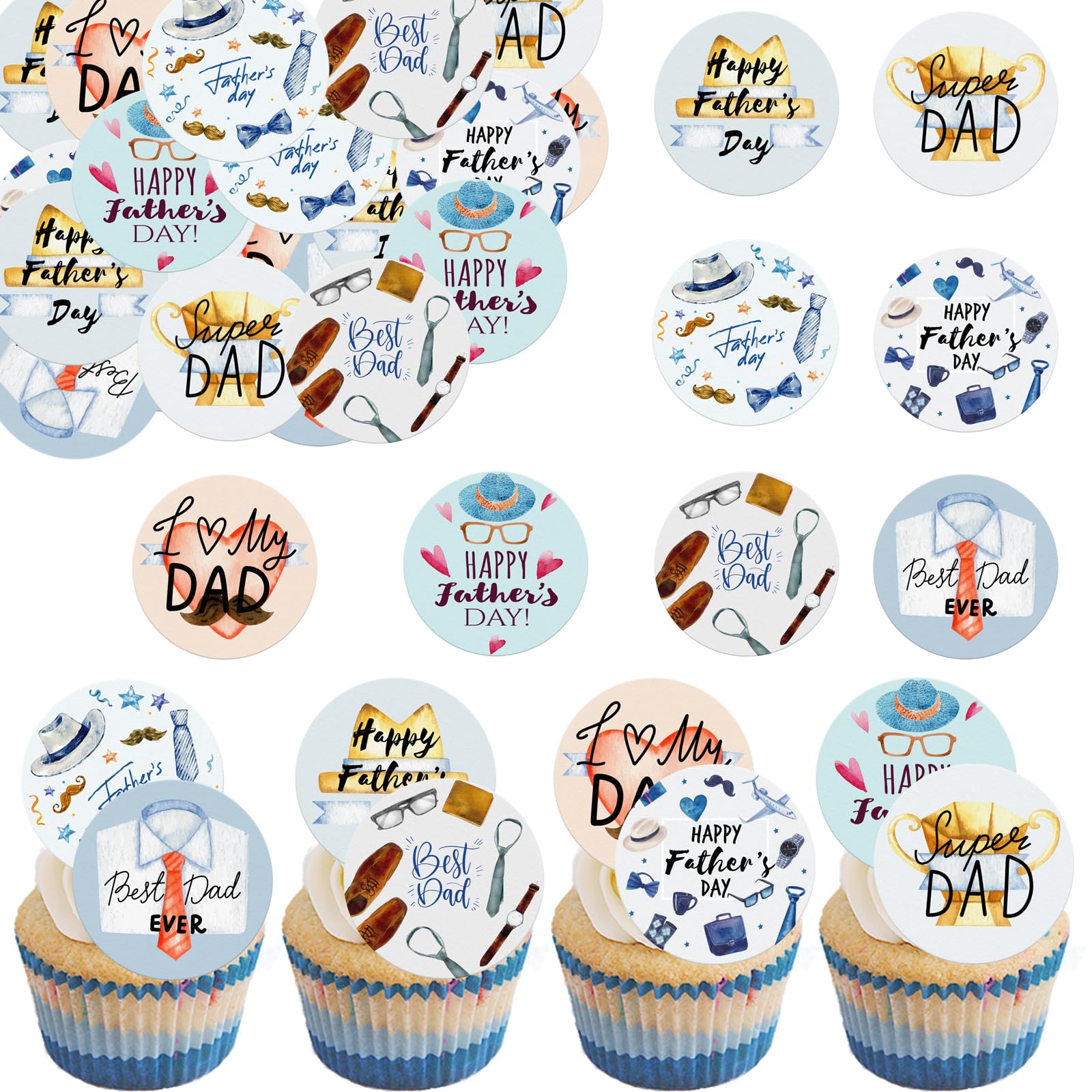 Fyeoxle 36pcs Edible Happy Father's Day Cupcake Toppers Wafer Paper Happy Fathers Day Cake Toppers Edible Best Dad Ever Cupcake 