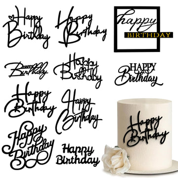 10 Pcs Black Happy Birthday Cake Toppers Mirror Acrylic Cake Topper Side Cake Decorations Cake Inserts Cake Decorating Supplies