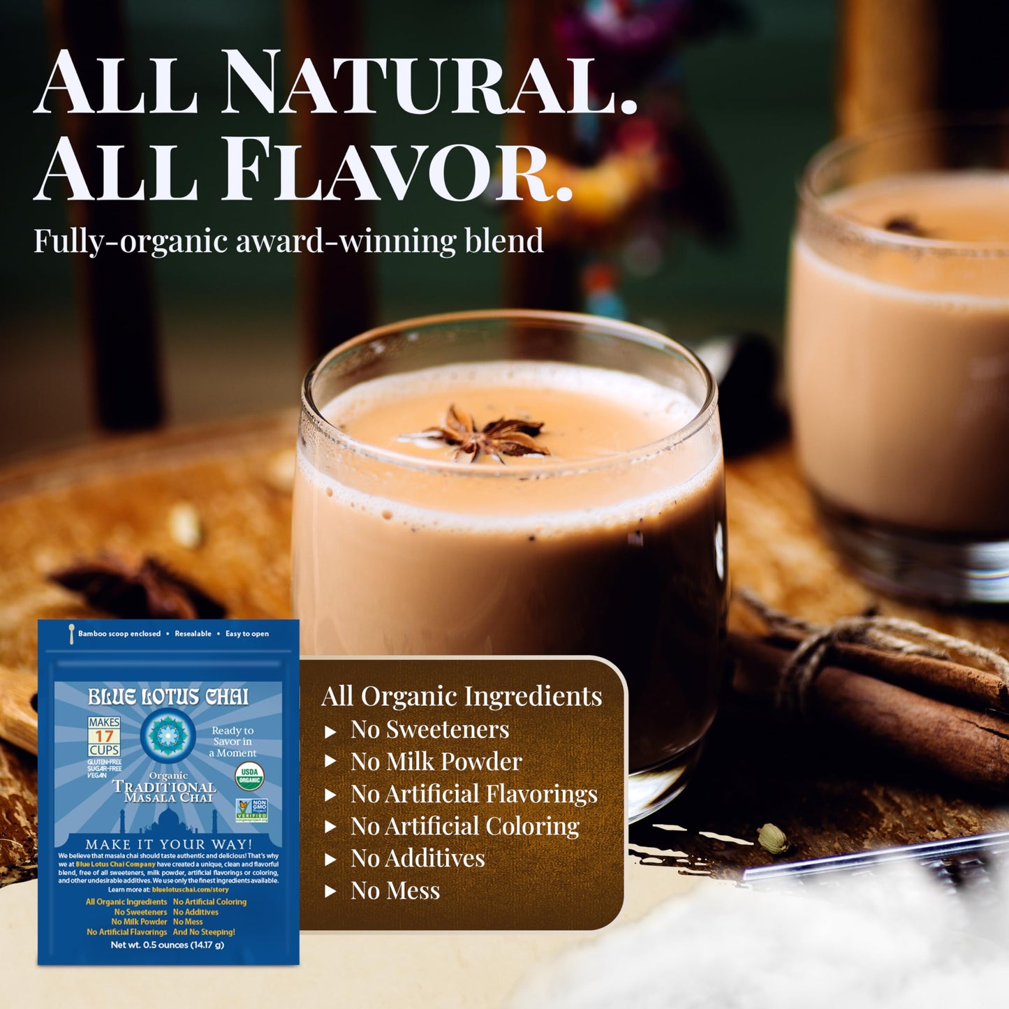Blue Lotus Chai Tea - Fully Organic Traditional Masala Chai - Makes 17 Cups - 0.5 Ounce Masala Spiced Chai Powder With Organic S