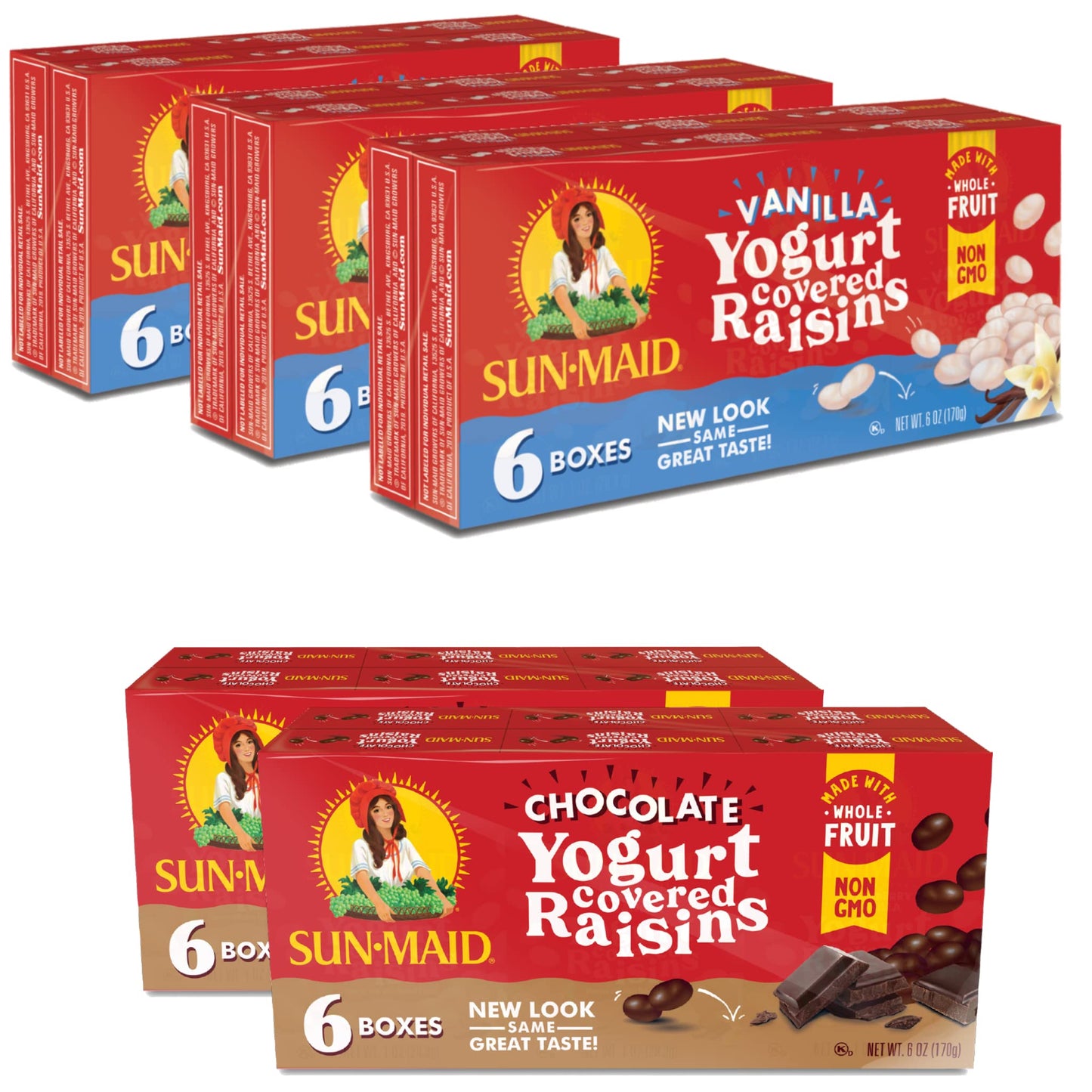 Sun-Maid  Yogurt Raisins Variety Pack (Pack Of 30), Vanilla (Pack Of 18), Chocolate (Pack Of 12), Dried Fruit, Non-GMO, Healthy 