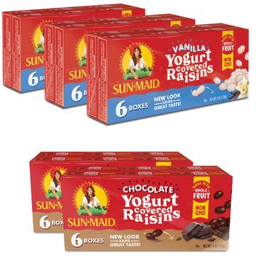 Sun-Maid  Yogurt Raisins Variety Pack (Pack Of 30), Vanilla (Pack Of 18), Chocolate (Pack Of 12), Dried Fruit, Non-GMO, Healthy 