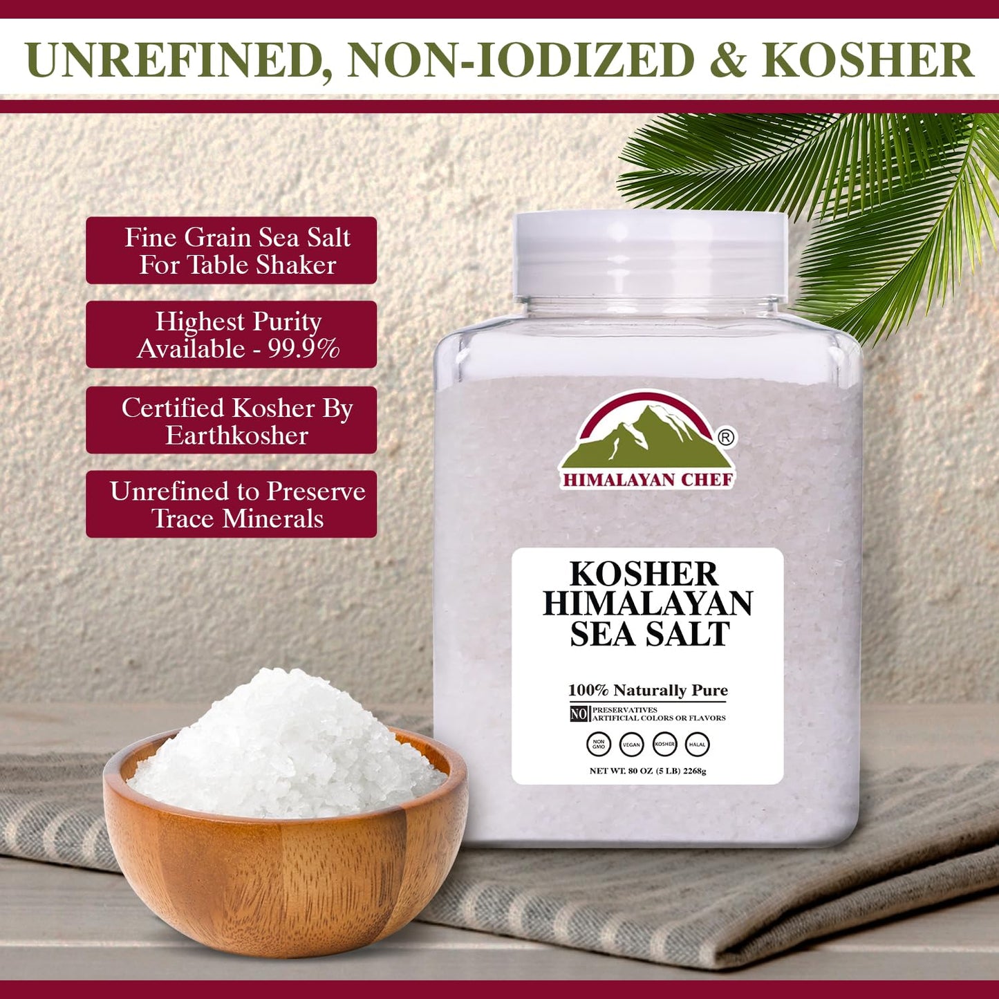 Himalayan Chef Kosher Sea Salt – Unrefined, Less Sodium, 5 lb Plastic Jar, Non-GMO Certified, Natural and Organic