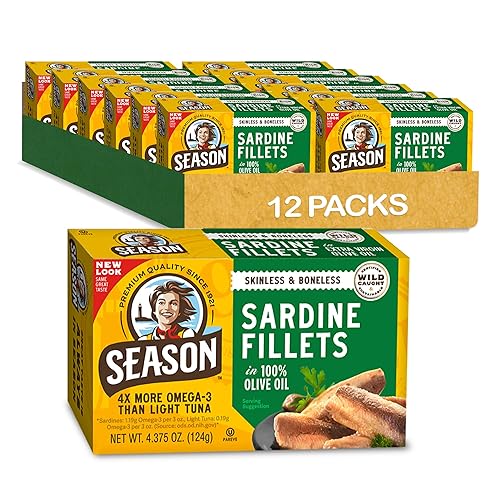Season Sardines In Olive Oil - Sardines In Olive Oil Wild Caught, Canned Sardines, Omega-3 Fatty Acids, Salt Added, Skinless & Boneless, Sustainable Fresh Fish - 4.375 Oz Tin, 12-Pack
