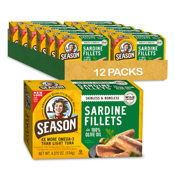 Season Sardines In Olive Oil - Sardines In Olive Oil Wild Caught, Canned Sardines, Omega-3 Fatty Acids, Salt Added, Skinless & Boneless, Sustainable Fresh Fish - 4.375 Oz Tin, 12-Pack