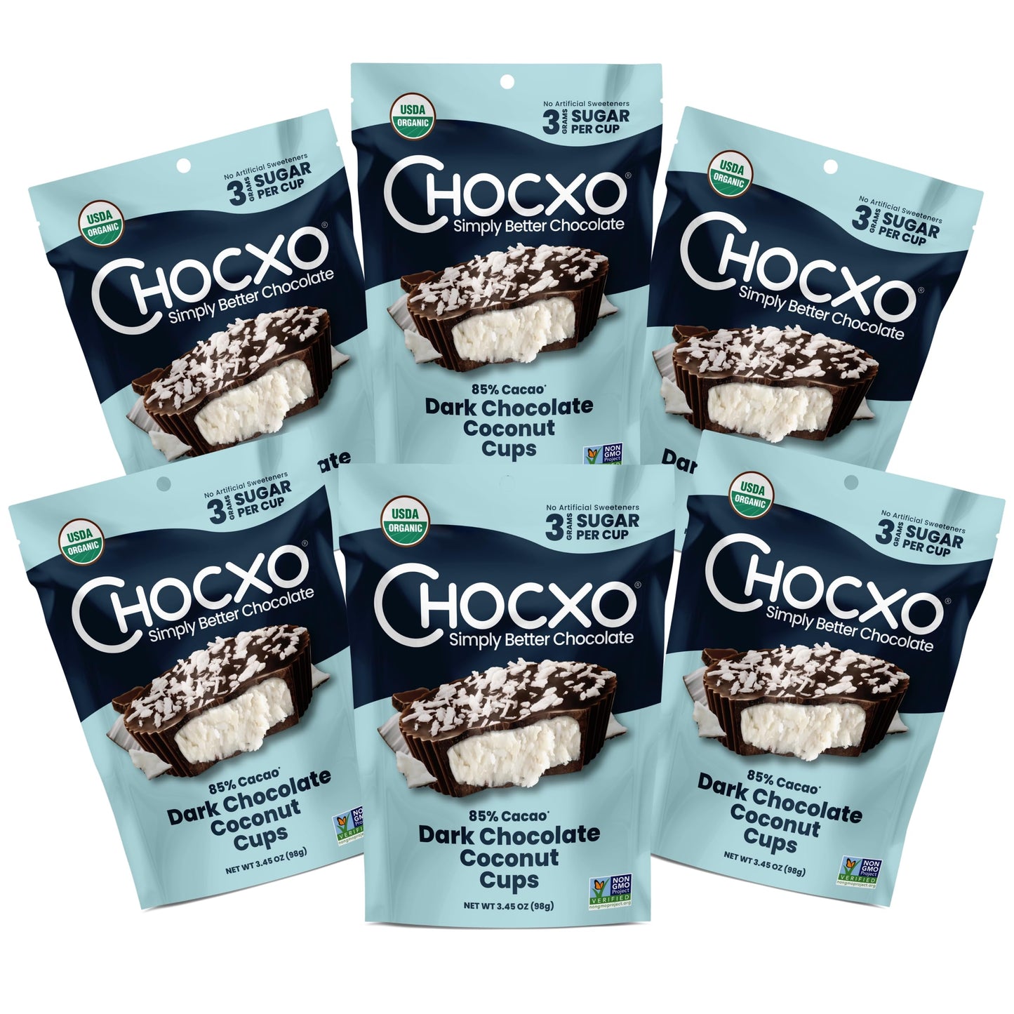 ChocXO Dark Chocolate Coconut Cups, 85% Cacao, 3g Sugar, Keto, 3.45 oz (Pack of 6), Gluten Free, Non-GMO, Kosher