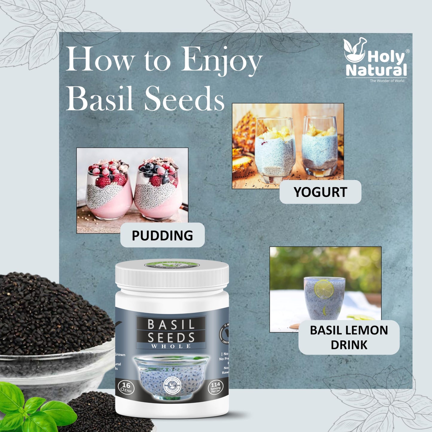 Holy Natural Basil Seeds - Edible Sabja/Falooda Seeds, 16 Oz, Rich in Fiber, Natural Body Coolant