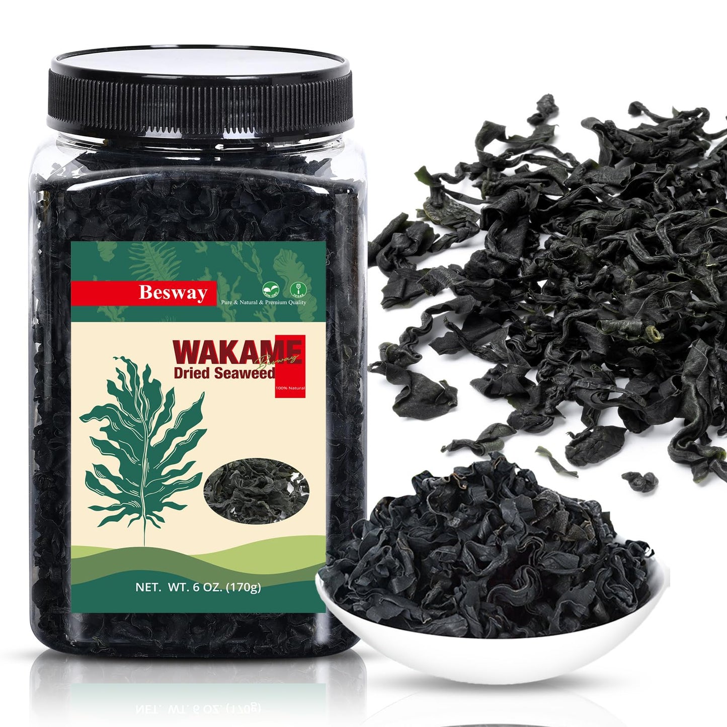 Besway Wakame Seaweed 6 oz, 100% Nature Dried Seaweed for Seaweed Salad, Flavorful Soups & Stews, Healthy Dried Vegetables Non-G