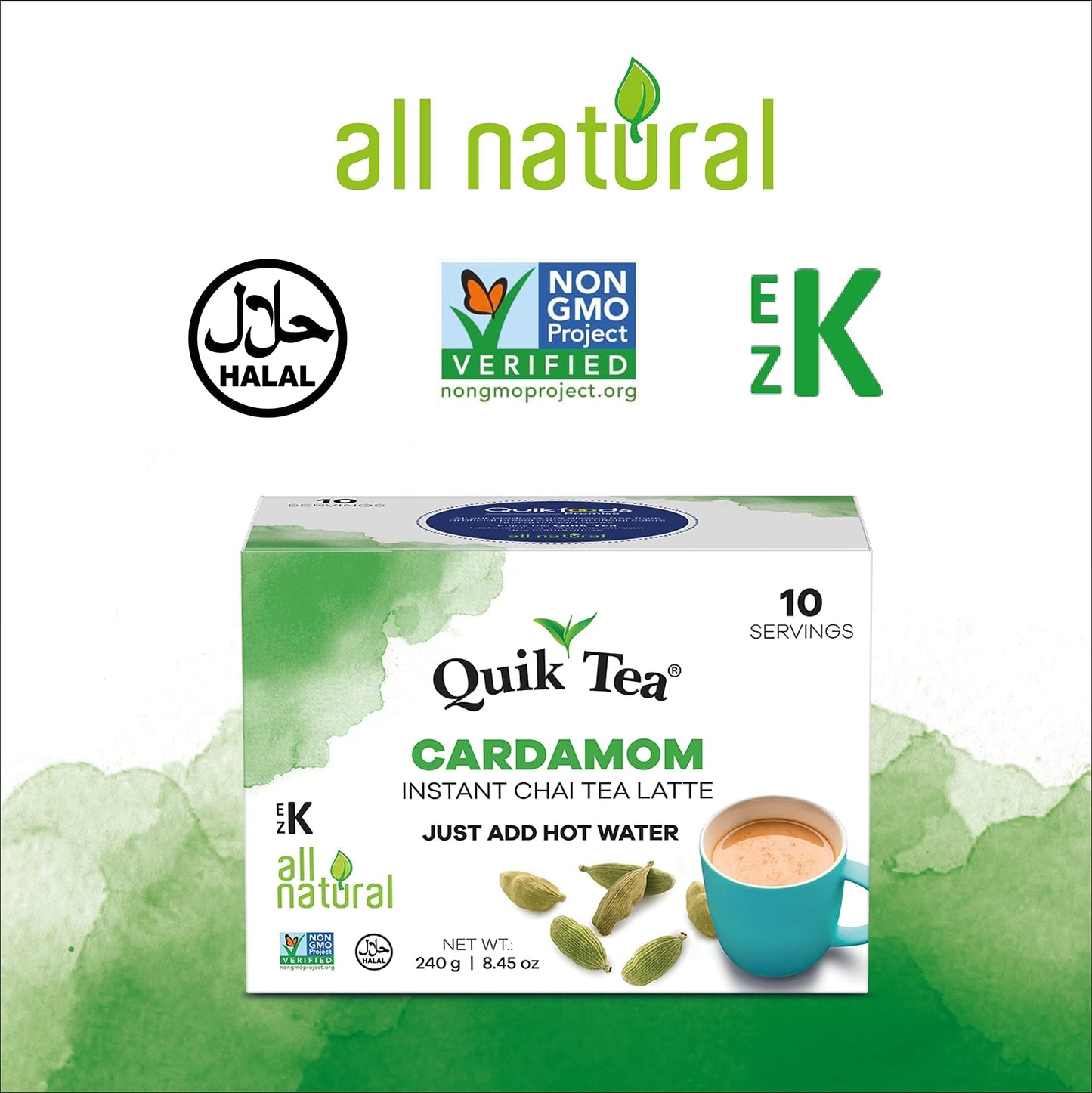 Quiktea Cardamom Instant Chai Tea Latte - 10 Count Single Box - Superfood Antioxidant, Digestion Tea