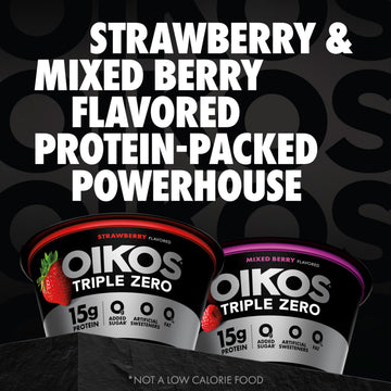 Oikos Triple Zero Strawberry and Mixed Berry Nonfat Greek Yogurt Pack, 0% Fat, 0g Added Sugar and 0 Artificial Sweeteners, Just